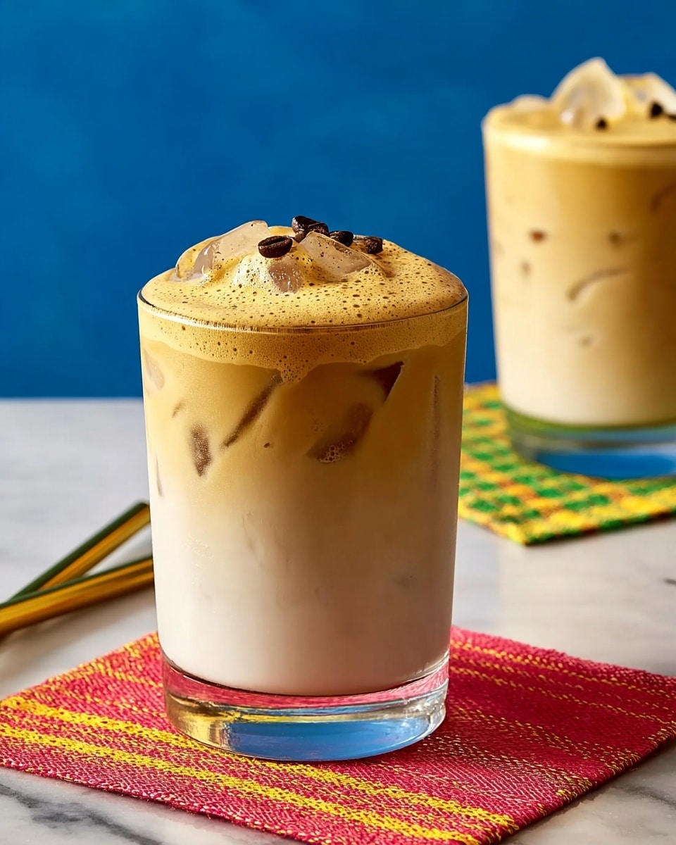 The image shows two clear glasses filled with iced dalgona coffee. Each glass has a bottom layer of white milk mixed with ice cubes, and a thick, creamy light brown coffee foam layer on top that slightly spills over the edge. The coffee foam is sprinkled with small dark coffee bits for texture. The glass in the front is placed on a bright orange and yellow checkered cloth square, while the one in the back sits on a green and yellow checkered cloth square. Both glasses are set on a wooden surface with a blue background behind them. photo taken with an iphone --ar 4:5 --v 7