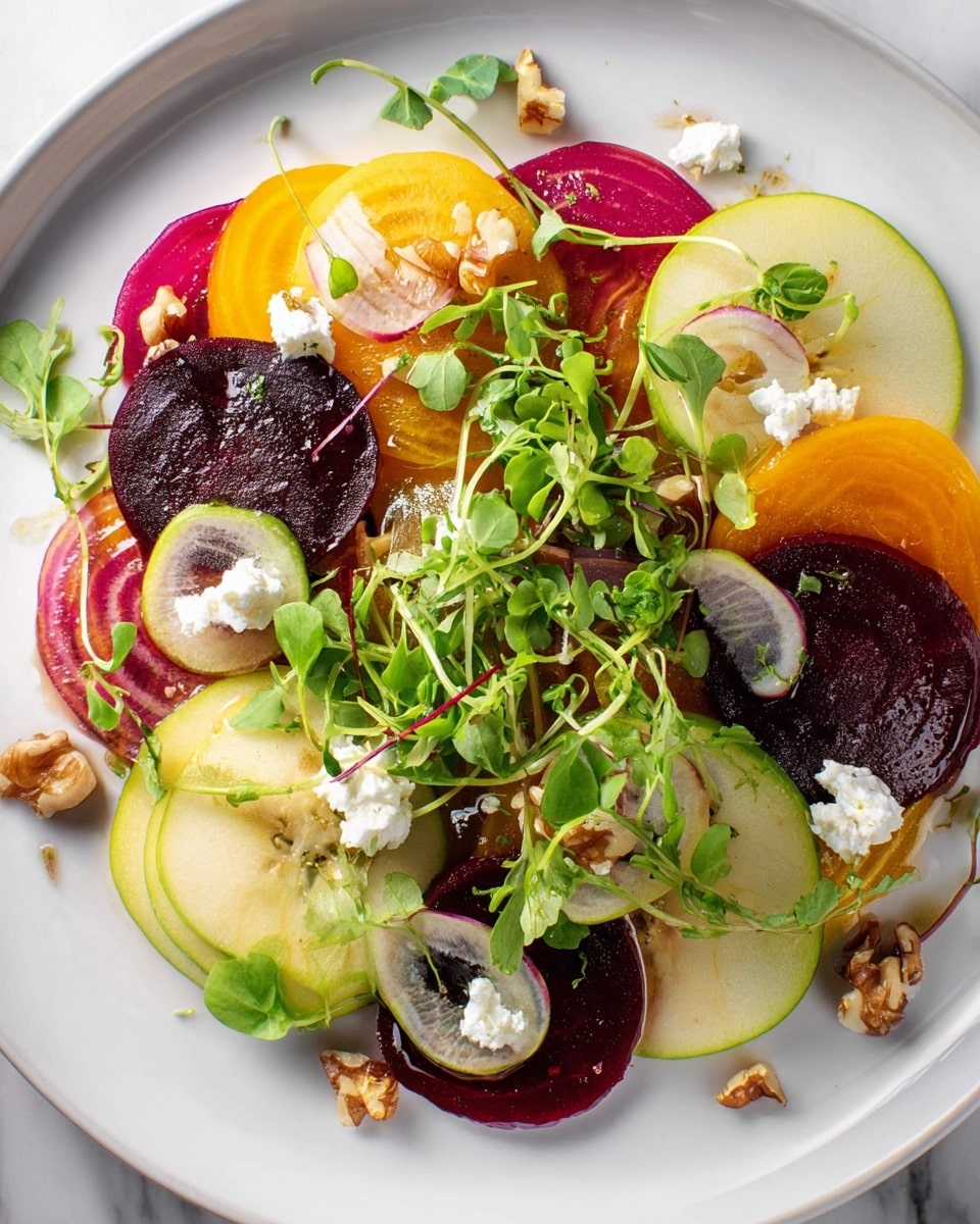 The dish is a colorful salad served in a white plate, set on a white marbled surface. It has three main layers: thin round slices of dark purple and bright orange beets arranged evenly across the plate, bright green leafy greens and microgreens scattered on top around the beets, and thin slices of pale green apple layered lightly on the greens. Small chunks of white cheese are sprinkled throughout, along with broken pieces of brown walnuts. There are also thin white onion slices spread over the salad. A pair of gold salad tongs rests on the lower left side of the plate. The light highlights the fresh textures and colors clearly. photo taken with an iphone --ar 4:5 --v 7