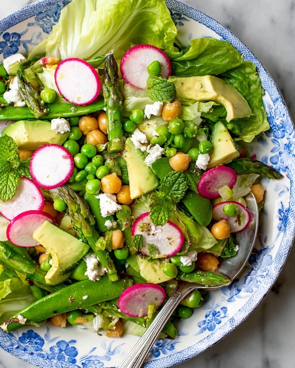 The image shows a fresh salad in a white bowl with blue flower patterns. The salad has multiple layers including bright green lettuce leaves at the bottom, slices of pink and white radishes scattered on top, small green peas and asparagus pieces spread throughout, and chunks of pale green avocado adding creaminess. There are golden yellow chickpeas and small pieces of white cheese sprinkled evenly across the salad. Bright green mint leaves are visible on the top layer, adding texture and color contrast. A shiny silver spoon is placed on the right side inside the bowl, partly under some salad. The whole scene is set on a white marbled background. photo taken with an iphone --ar 4:5 --v 7