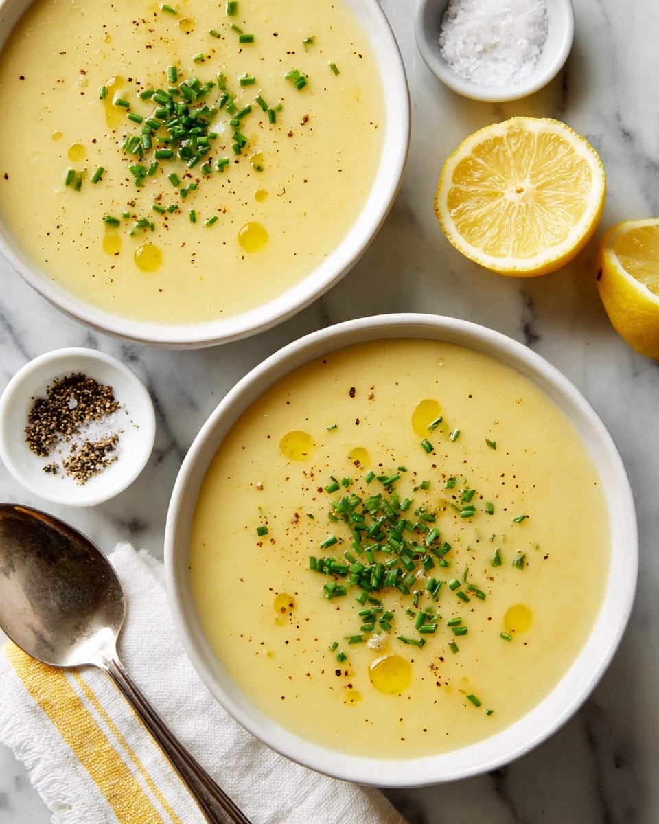 Two white bowls of creamy yellow soup sit on a white marbled surface. Each bowl is filled with one smooth layer of soup, topped with small green chopped chives scattered across the surface. There are drops of golden olive oil and a few sprinkles of black pepper on the soup. Nearby, there is a lemon cut in half showing its juicy, pale yellow inside. A small white dish with coarse salt and black pepper sits beside the bowls. A silver spoon rests on a white cloth with thin yellow stripes under one bowl. Photo taken with an iphone --ar 4:5 --v 7