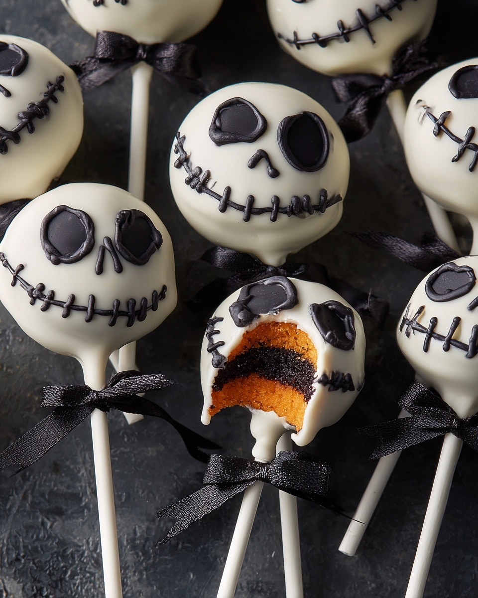 The image shows several round cake pops on white sticks, each covered in smooth white coating with black icing decorations to look like stitched mouths and dark eye patches, resembling spooky skull faces. One cake pop is bitten, showing three visible layers inside: a dark outer layer, a bright orange middle layer, and a dark inner layer. Each stick has a small shiny black ribbon tied near the base of the cake pop. The cake pops are placed on a dark textured surface. photo taken with an iphone --ar 4:5 --v 7