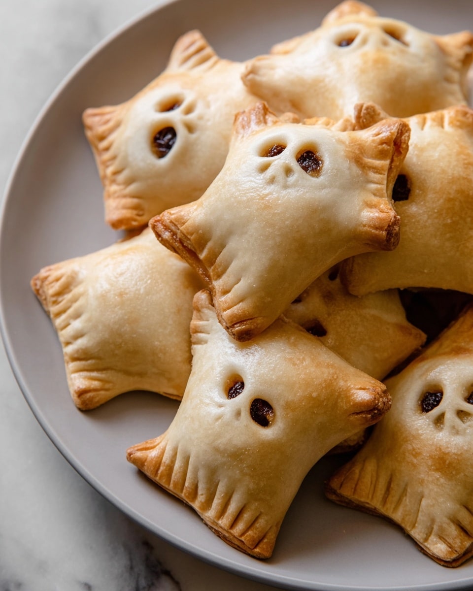 The image shows several small pastries shaped like ghosts. Each ghost-shaped pastry has one layer of golden-brown dough with a slightly crimped edge. The dough has a smooth texture with small round holes near the top, revealing a dark filling inside. The pastries are stacked closely together on a white plate set on a white marbled surface. The pastries look baked with a light golden color and soft texture. photo taken with an iphone --ar 4:5 --v 7
