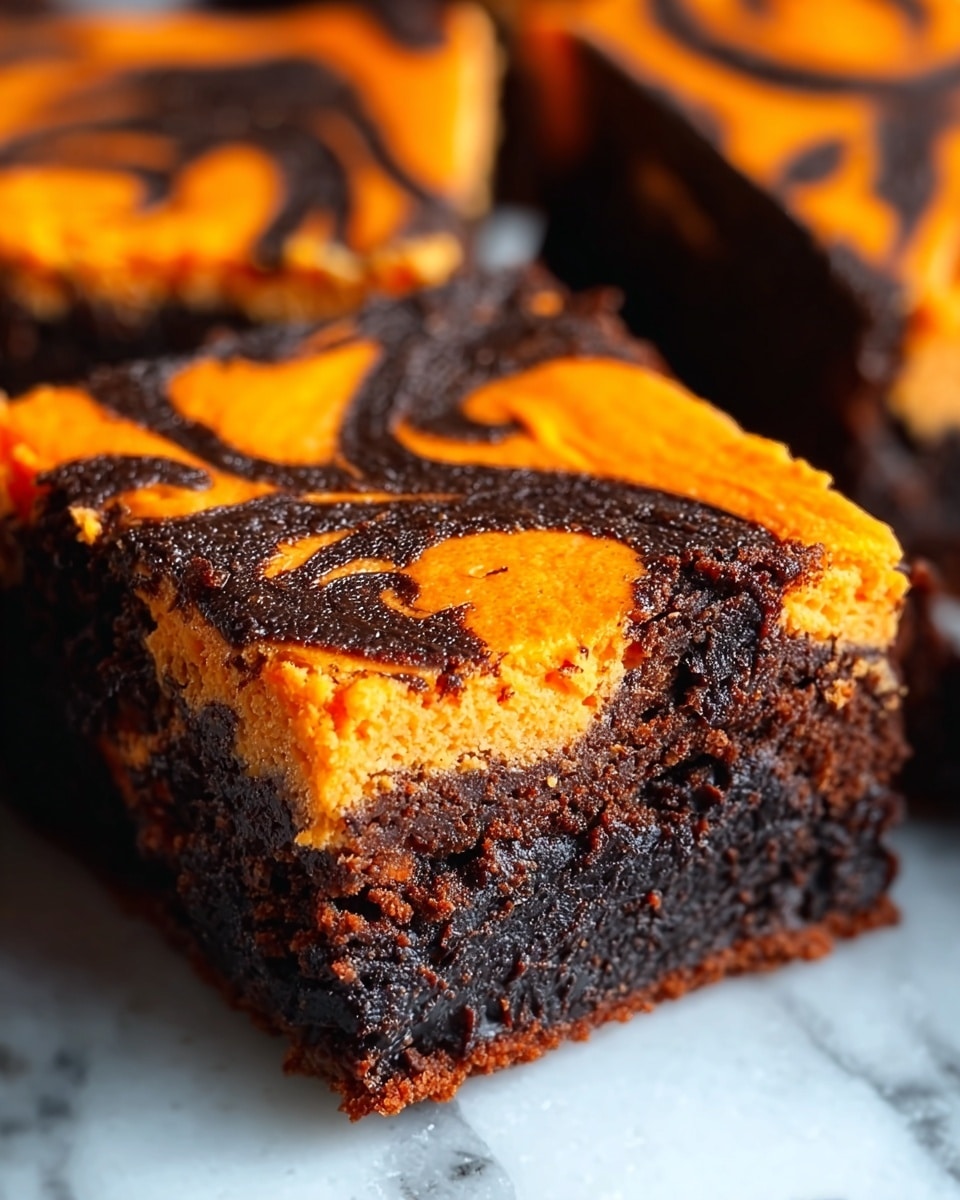 The image shows a close-up of a square-shaped chocolate brownie with two distinct layers. The bottom layer is thick, dark brown, and dense with a soft, crumbly texture. The top layer is thinner and bright orange, swirled with dark chocolate patterns that create a marbled effect. The edges of the brownie look slightly crisp, while the top has a smooth and glossy finish. This brownie is placed on a white marbled surface. photo taken with an iphone --ar 4:5 --v 7