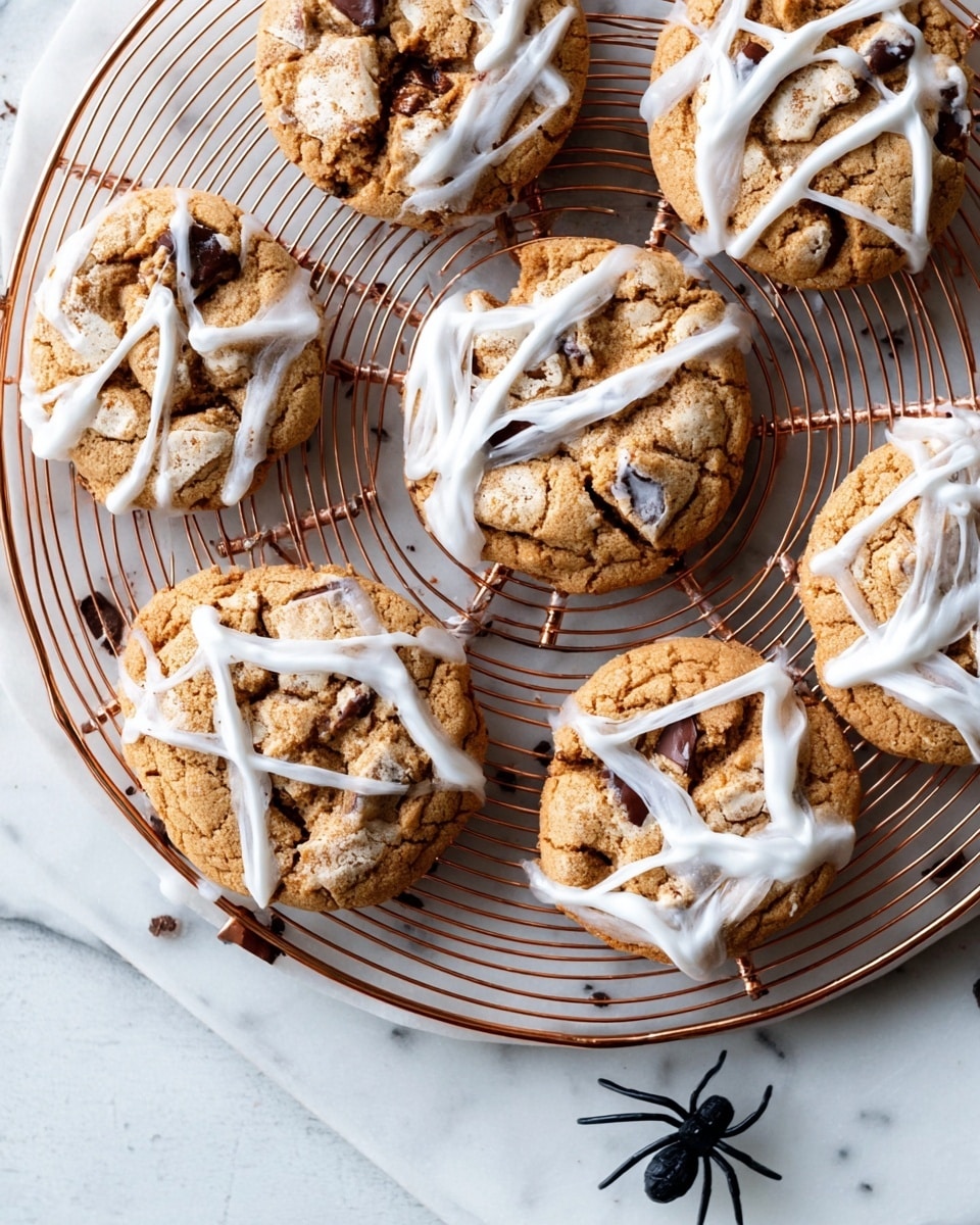 Seven chocolate chip cookies are arranged on a round wire cooling rack, each cookie draped with thin, white spider web-like strands of icing stretched unevenly over their soft light brown surfaces with visible chocolate pieces embedded inside. A small black plastic spider rests on one cookie near the bottom left of the image. The cooling rack sits on a white marbled surface, adding a clean contrast to the neutral tones of the cookies and metal rack. photo taken with an iphone --ar 4:5 --v 7