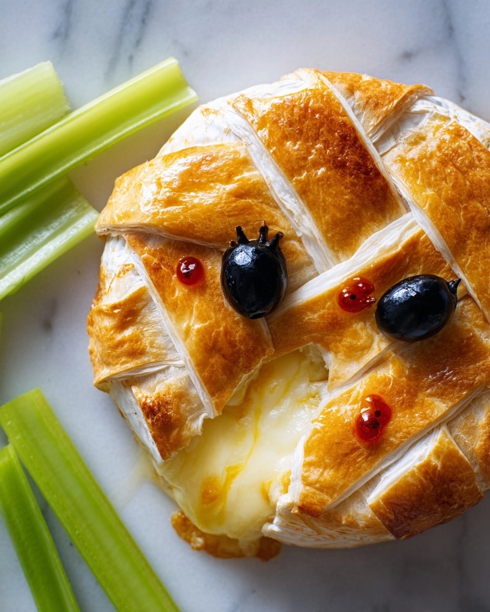 The dish shows a round baked cheese wrapped in golden brown pastry strips arranged in a crisscross pattern, covering most of the cheese surface except for a small area where melted yellow cheese oozes out. Two black olive slices, each with a drop of red sauce, are placed on top of the pastry, creating the look of eyes. The cheese and pastry rest on a white marbled surface, with some green celery sticks placed beside it. Photo taken with an iphone --ar 4:5 --v 7