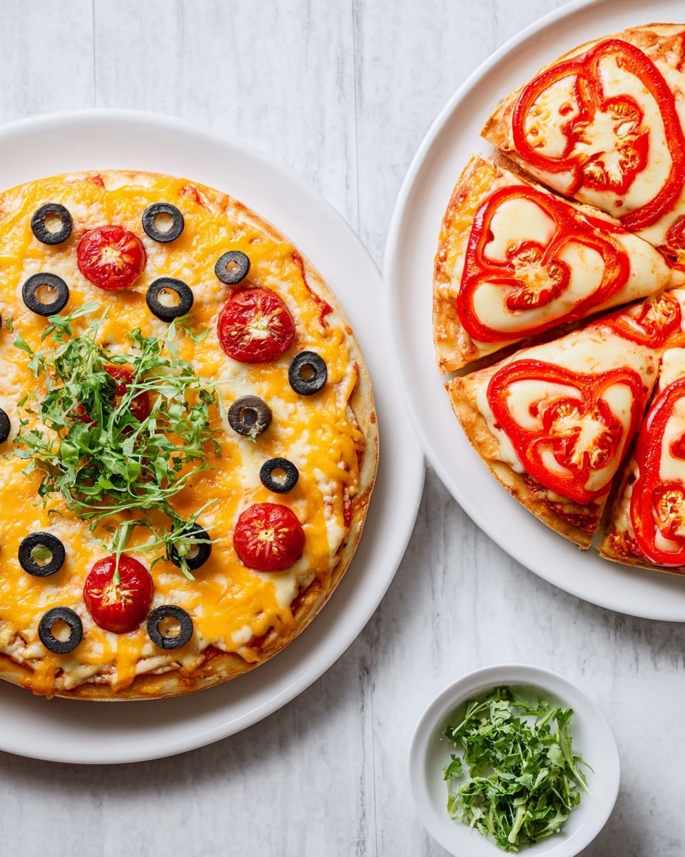 The image shows two pizzas on a white marbled surface. The left pizza is on a round white plate with six slices. It has a base of light brown dough, topped with red diced tomatoes scattered under six rounded layers of melted light yellow cheese, each slice decorated with several black olive rings, and a bunch of green leafy garnish in the center. The right pizza is on a white plate with five slices. It has a light brown dough base, covered mostly with light yellow melted cheese and red tomato sauce, topped with five large red bell pepper rings, each filled with a round layer of melted cheese with red sauce drizzled like veins and a black olive ring in the center. A small white bowl of green leafy garnish is partially visible at the bottom. Photo taken with an iphone --ar 4:5 --v 7
