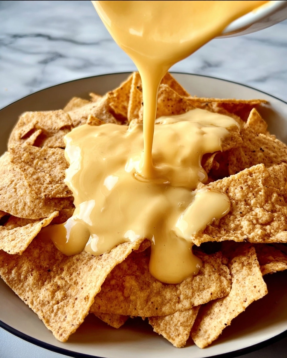 A plate full of light brown, crunchy tortilla chips is shown with creamy yellow cheese sauce being poured over the center. The chips have a rough and slightly grainy texture, layered randomly but filling most of the white plate. The cheese sauce flows smoothly in a thick stream, pooling over central chips and covering some edges. The plate sits on a white marbled surface. Photo taken with an iphone --ar 4:5 --v 7
