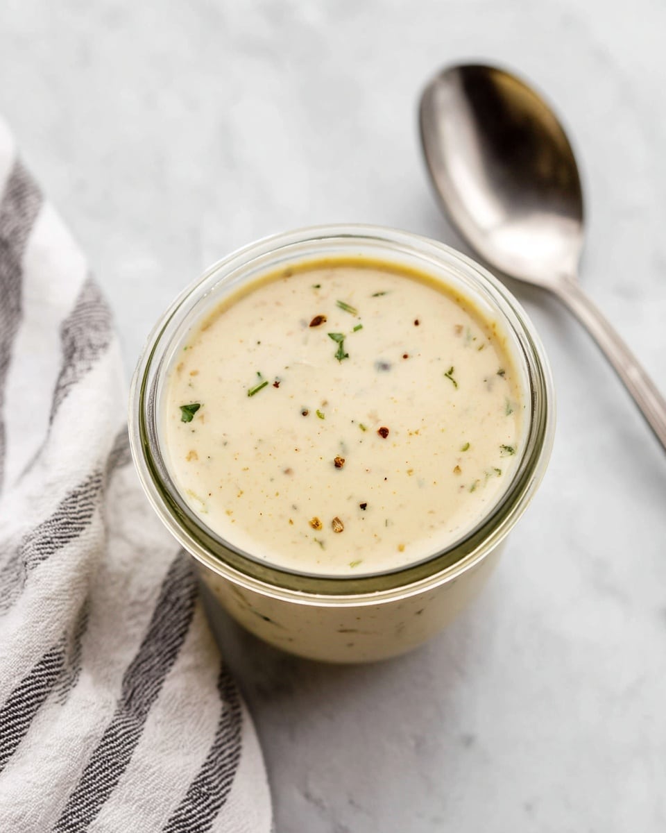 The image shows a single round glass jar filled to the top with a creamy, light beige sauce that has small green herb pieces and tiny black and brown spice specks scattered throughout. The sauce looks smooth and thick with a soft glossy shine on the surface. The jar sits on a white marbled surface next to a silver spoon with a shiny, slightly blurred reflection. A soft white cloth with grey stripes is partially visible in the bottom left corner. The scene is simple and clean with soft natural light. photo taken with an iphone --ar 4:5 --v 7