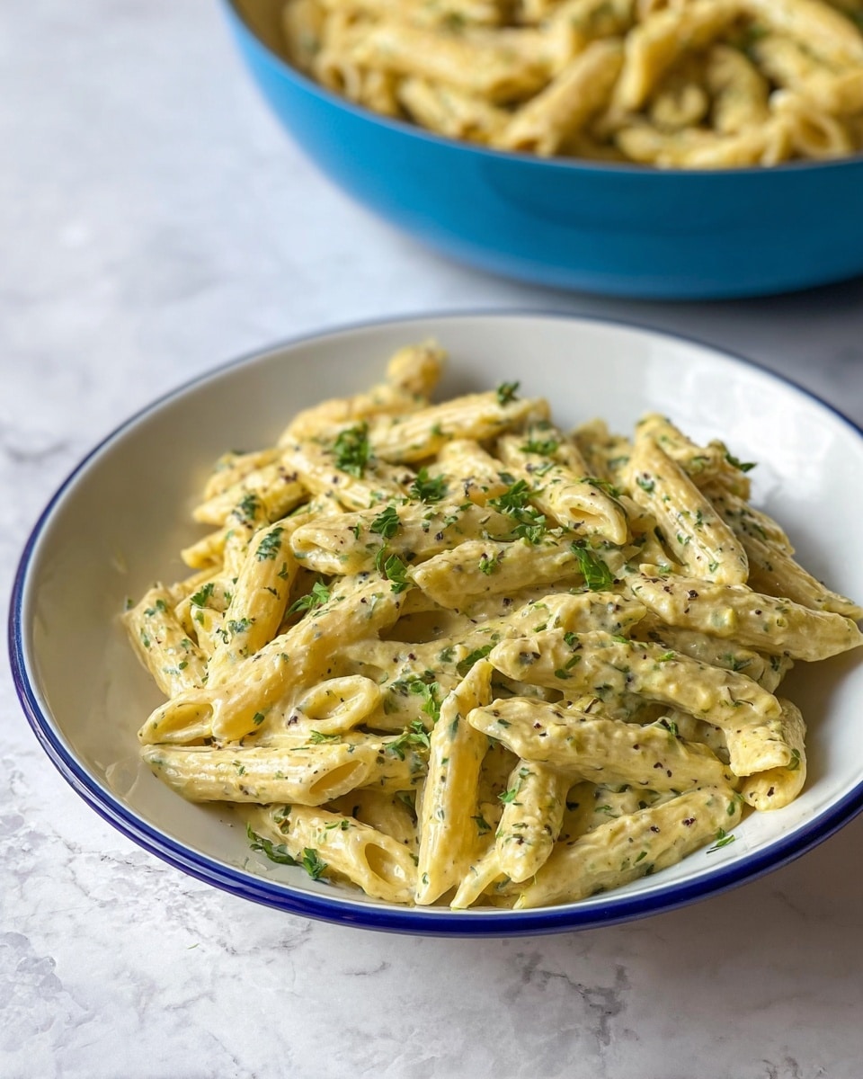 A white bowl with a thin blue rim holds a serving of creamy penne pasta coated in a light yellow sauce with green herbs mixed in. Small flecks of black pepper and fresh chopped parsley are sprinkled on top, adding texture and mild color contrast. The penne pasta pieces are layered closely together, slightly glossy from the sauce, with the holes of the pasta visible. In the background, a blue serving bowl filled with the same pasta is slightly out of focus, placed on a white marbled surface. Photo taken with an iphone --ar 4:5 --v 7