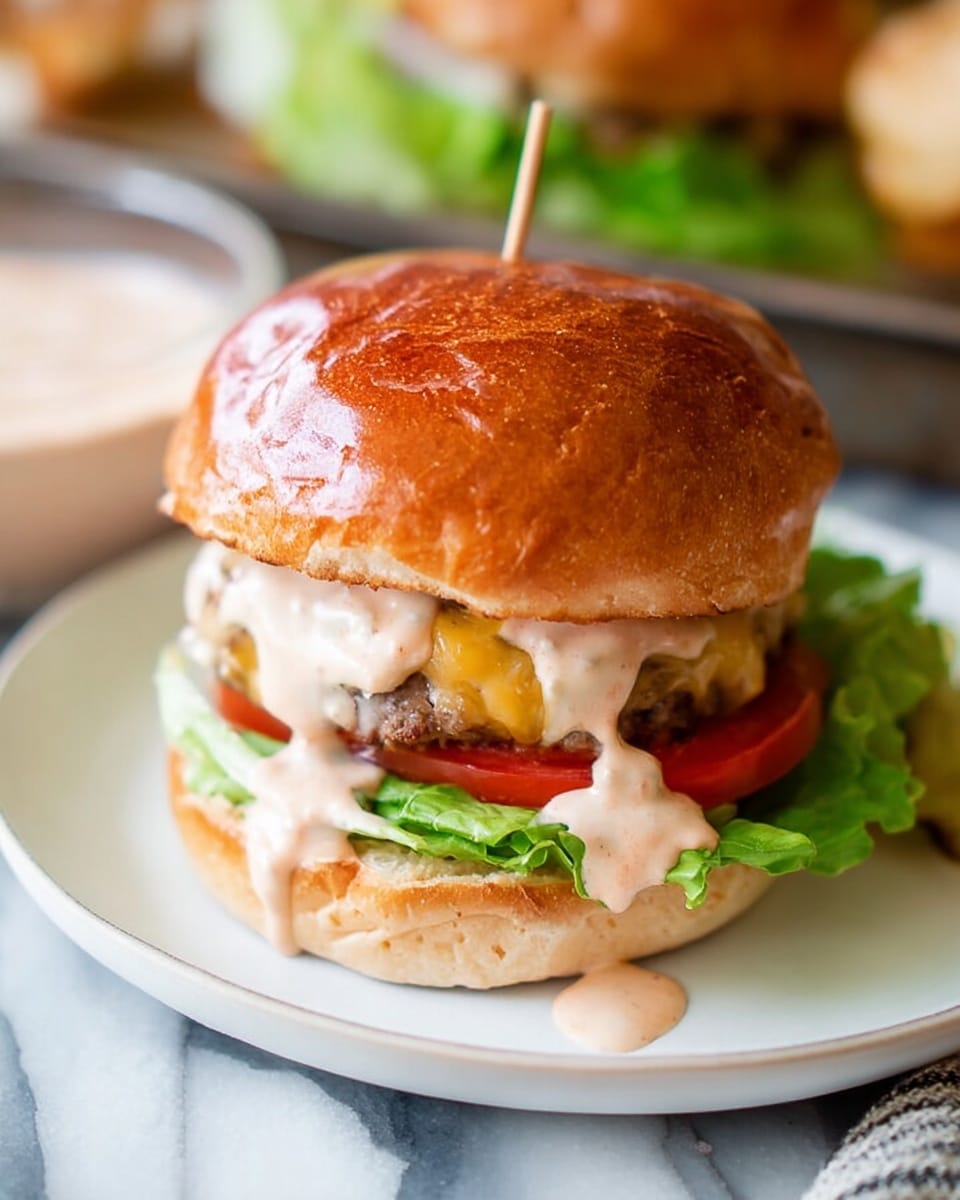 A sandwich with a shiny, golden-brown bun on top and bottom, held together with a small wooden toothpick in the middle. Inside, there is a layer of fresh green lettuce at the bottom, followed by thick red tomato slices. Above the tomatoes is a melted light yellow cheese layer covering a juicy beef patty. Light pink creamy sauce is dripping from the cheese and patty, spreading onto the edges of a white plate beneath. The sandwich sits on a white marbled surface with a soft focus on other food items in the background. Photo taken with an iphone --ar 4:5 --v 7
