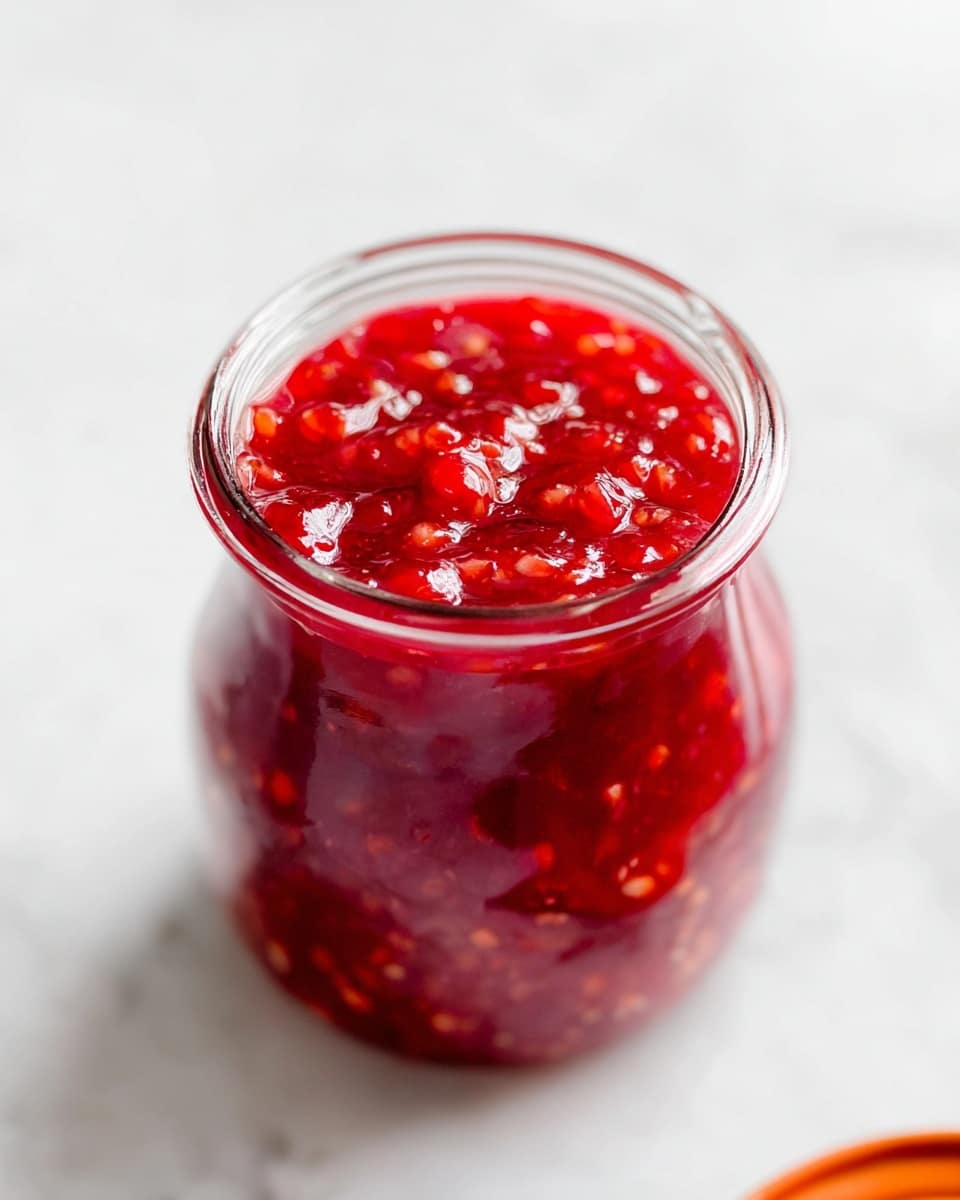 The image shows a tall glass jar filled with a bright red sauce that looks thick and chunky. The sauce has visible bits of fruit or vegetables inside, creating different textures within the vibrant red liquid. The jar itself is clear glass with the word