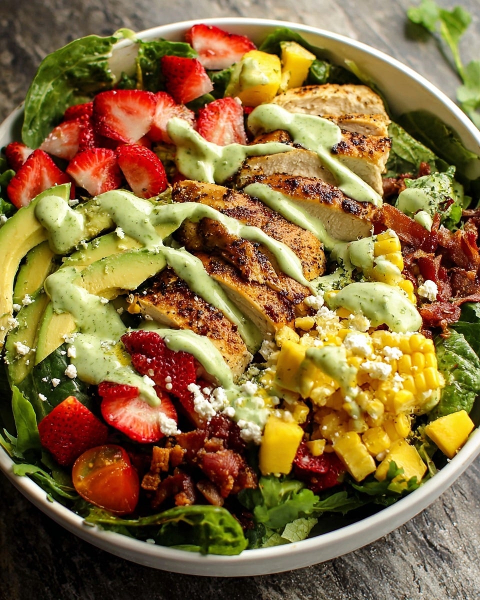 A white bowl is full of a colorful salad with several layers. The base is made of dark green leafy lettuce and spinach. On top, there are slices of grilled chicken with a light brown char and a creamy green dressing drizzled over them. Scattered around are bright red strawberry halves, small yellow mango cubes, diced green avocado, red cherry tomato halves, small grilled corn pieces, and bits of crispy bacon. White crumbles of cheese and a light sprinkle of herbs and spices finish the look. The bowl sits on a white marbled surface. Photo taken with an iphone --ar 4:5 --v 7
