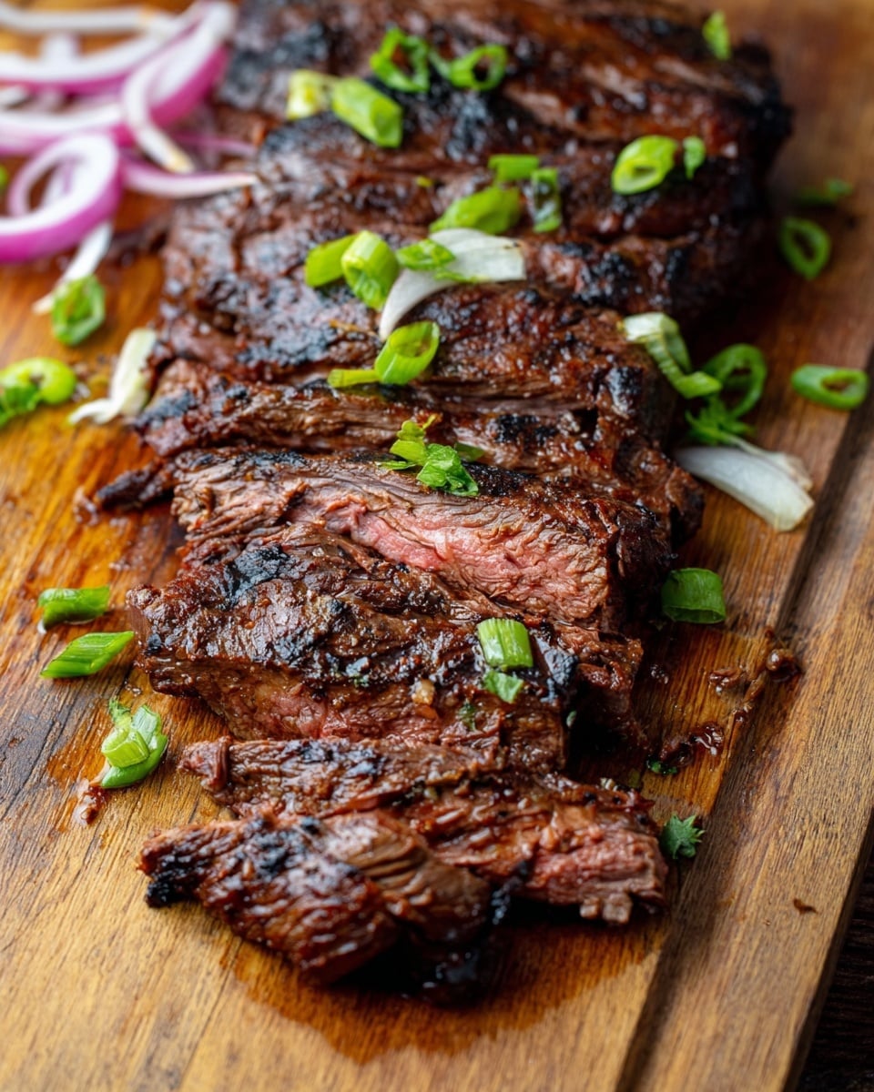 A sliced grilled steak with a dark brown, slightly charred outside and a reddish-pink inside showing medium doneness, laid out on a wooden board. The steak is cut into thick pieces, arranged in a loose stack, with some green onion slices scattered on top and around the steak. In the background, there are thinly sliced white and purple onions adding a pop of color. The wood grain of the board is smooth and warm toned. photo taken with an iphone --ar 4:5 --v 7