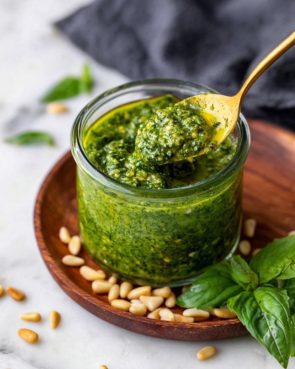 A clear glass jar filled with bright green pesto sauce showing a thick and slightly chunky texture with visible bits of nuts and herbs, a gold spoon dipping into the jar slightly lifting some sauce, the jar sits on a round white plate with scattered pine nuts around it, fresh basil leaves placed beside the jar, and the background is a white marbled surface with a dark cloth nearby, photo taken with an iphone --ar 4:5 --v 7