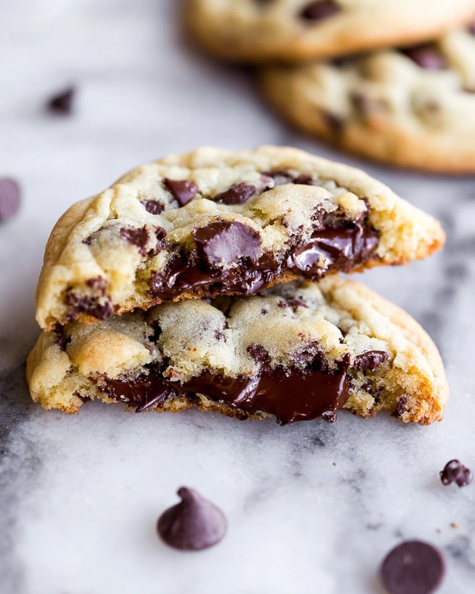 The image shows two thick chocolate chip cookies placed on a white marbled surface, with one cookie broken open to reveal a melted, rich chocolate center. The cookie layers are pale golden brown with a soft texture, embedded with shiny dark chocolate chips scattered on the surface and inside. The broken part of the cookie displays the smooth, gooey chocolate filling contrasting with the slightly crumbly cookie exterior. Small chocolate chips are also scattered around the cookies on the marble surface. photo taken with an iphone --ar 4:5 --v 7