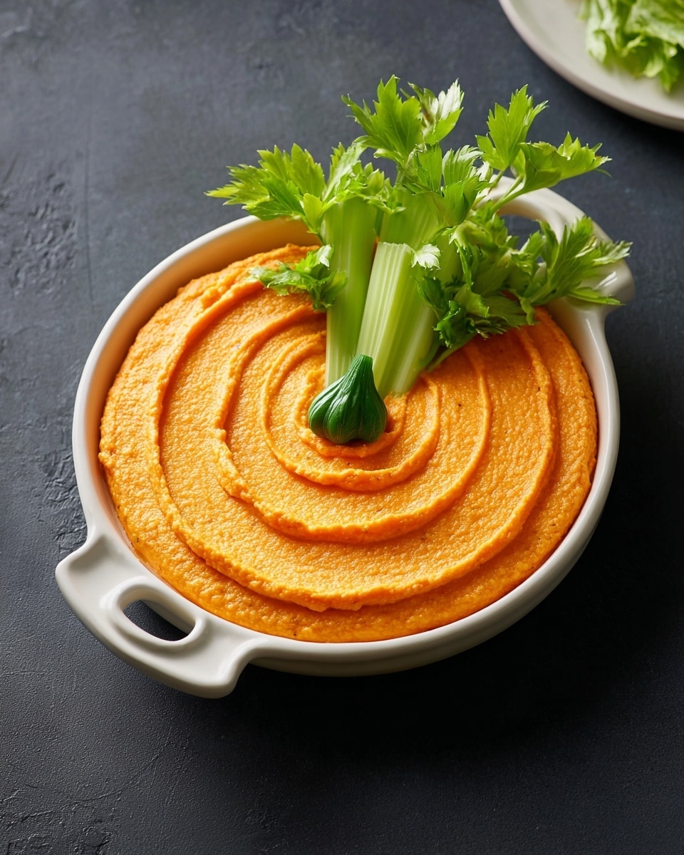 A white bowl filled with smooth orange hummus shaped like a pumpkin with curved lines drawn on top to show the pumpkin sections; on the top center, a green celery stalk with fresh green leaves is placed to look like the pumpkin stem. The bowl is on a white marbled surface. Photo taken with an iphone --ar 4:5 --v 7