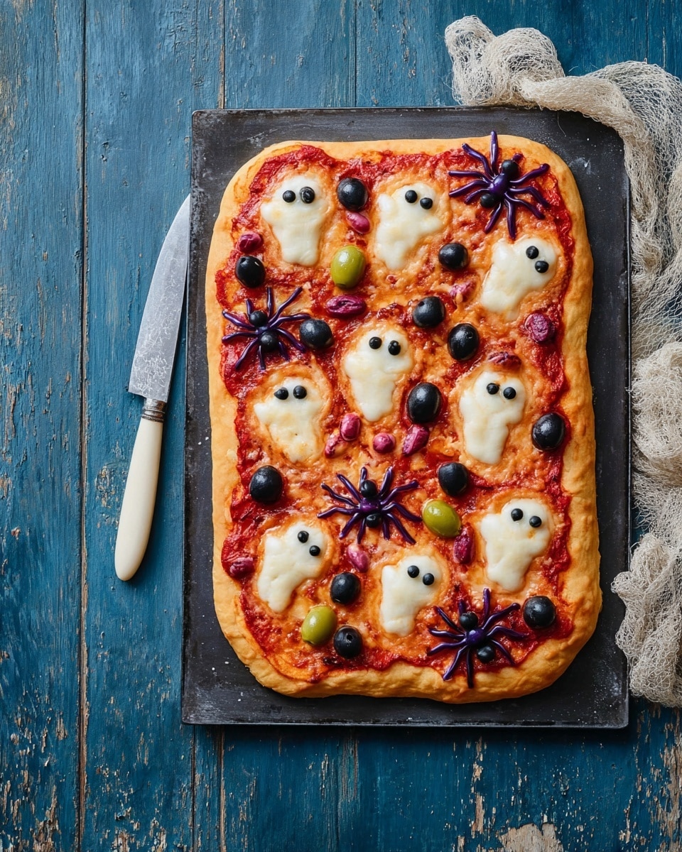 A rectangular pizza with a golden crust sits on a black baking tray placed on a white marbled surface. The base layer is red tomato sauce spread evenly across the dough. On top, there are several ghost-shaped cheese slices with a smooth, light creamy color, each ghost featuring small black olive pieces for eyes and mouth. Around the ghosts, there are spider shapes made from whole black, green, and purple olives, with olive slices arranged as legs. The overall look is fun and spooky, ideal for a Halloween theme. Photo taken with an iphone --ar 4:5 --v 7
