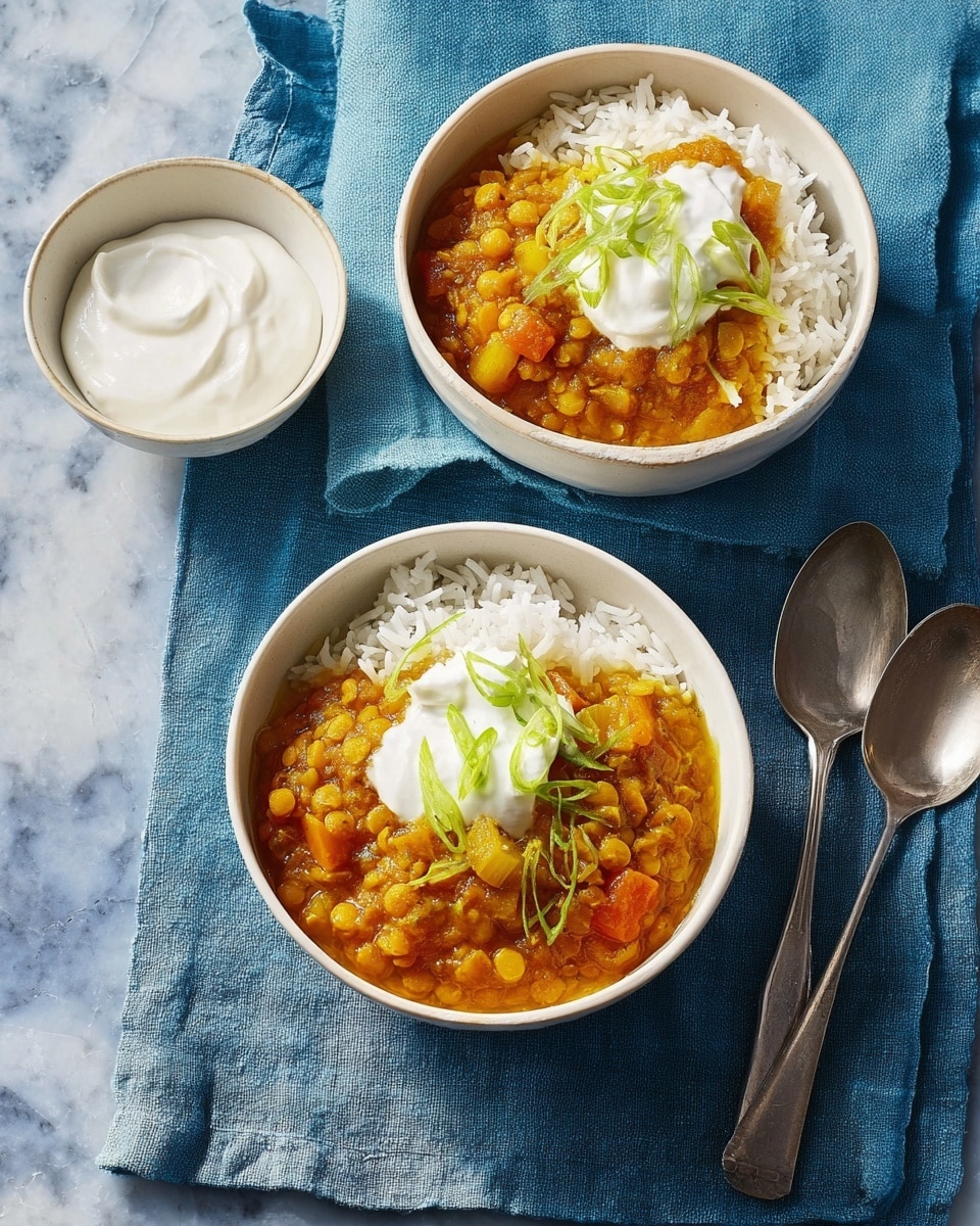 Two white bowls of lentil stew with white rice are placed on a blue cloth. Each bowl has the rice on one side and a thick, orange-red lentil stew with chunks of vegetables on the other side. On top of the stew is a dollop of white cream and sliced green onions as garnish. Nearby, a small white bowl holds extra white cream. Two silver spoons lie next to the bowls on the cloth, and the background is a white marbled surface. photo taken with an iphone --ar 4:5 --v 7