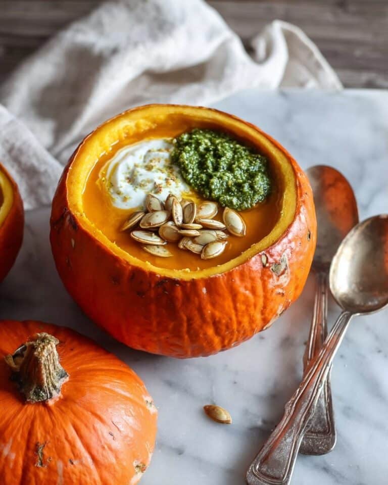 Roasted Garlic Sage Pesto Pumpkin Soup with Spicy Fried Pumpkin Seeds Recipe