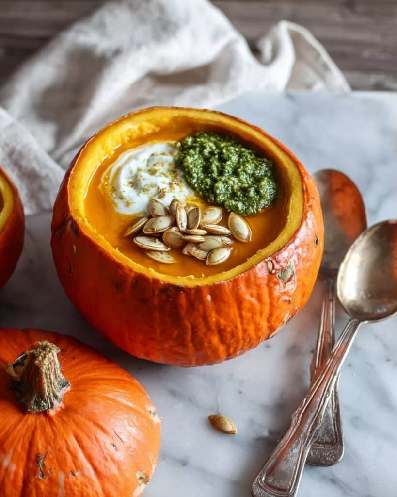 Roasted Garlic Sage Pesto Pumpkin Soup with Spicy Fried Pumpkin Seeds Recipe