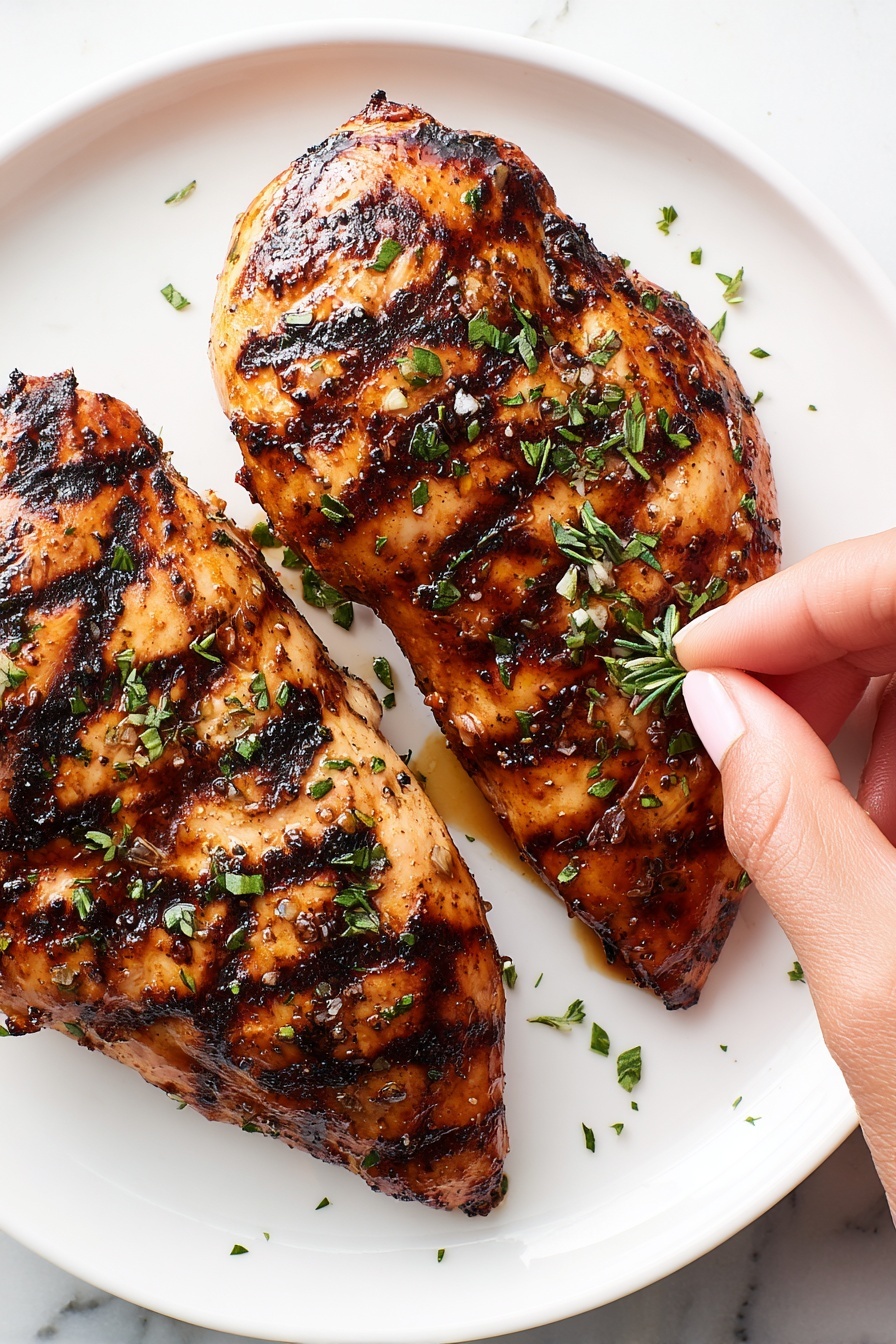 Grilled Balsamic Herb Chicken Breast, balsamic herb chicken marinade, how to grill chicken breasts, juicy grilled chicken recipes, easy healthy chicken dinner - The image shows a white rectangular plate with three pieces of grilled chicken on a white marbled surface. One large piece is whole, with dark grill marks, a shiny glazed brown color, and sprinkled with chopped green herbs. Next to it are medium thick slices of chicken, showing white juicy meat inside with the same shiny brown grilled outside and grill marks, also garnished with chopped herbs. Another whole piece lies below, showing a similar dark brown color with grill stripes and fresh green herbs on top. Juices and small sauces pool around the chicken on the plate. Photo taken with an iphone --ar 2:3 --v 7