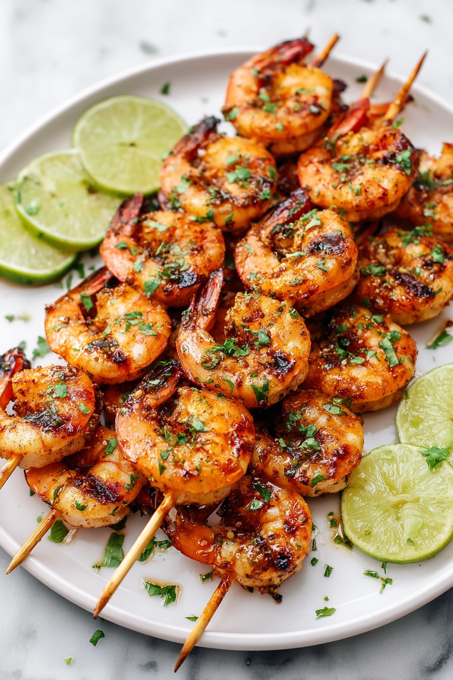 Grilled Garlic Lime Honey Shrimp, garlic lime shrimp skewers, honey lime shrimp marinade, easy shrimp skewer recipes, quick grilled seafood - A white plate holds multiple wooden skewers piled with grilled shrimp, each shrimp showing a bright orange and pink color with some dark grill marks. The shrimp look juicy and are sprinkled with small green herb pieces, likely cilantro, for a fresh touch. Around the edges of the plate are several lime wedges showing a light green outer skin and pale yellow inside. The plate sits on a white marbled surface with some herbs scattered lightly outside the plate edges. photo taken with an iphone --ar 2:3 --v 7