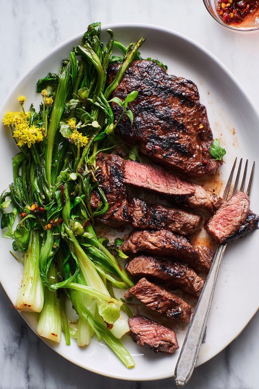 Grilled Short Ribs with Asian Pear Marinade, Asian pear ribs recipe, grilled short ribs, Asian marinade for ribs, tender short ribs on the grill - A white plate holds a bed of white rice as the bottom layer, topped with several slices of grilled steak showing a pink center and a charred outer crust placed mostly on the left side. On the right side, there are green grilled leafy vegetables with char marks and tender stems. The plate sits on a white marbled surface. Nearby, black silverware is placed on the left, and a glass with a peach-colored drink is on the right. A small white bowl with a red chunky sauce is partially visible at the top left corner. Photo taken with an iphone --ar 2:3 --v 7