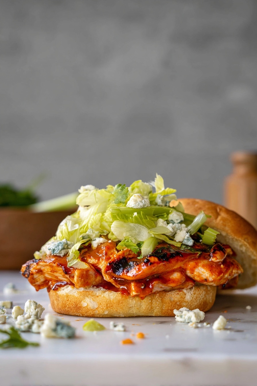 Grilled Buffalo Chicken Sandwiches, Buffalo Chicken Sandwiches, Gorgonzola Slaw, Spicy Chicken Sandwich, Easy Buffalo Chicken Recipe - A close-up of a sandwich with three main layers stacked inside a shiny brown bun. The bottom layer shows a grilled piece of meat with a reddish-orange sauce, sitting on the soft bun base. Above this is a mix of vibrant green leafy lettuce and some light chunks of cheese with a blue tint, spread unevenly. The top half of the bun is smooth and glossy, covering the layered ingredients. The sandwich sits on a light wooden surface with a white marbled blurred background. Photo taken with an iphone --ar 2:3 --v 7