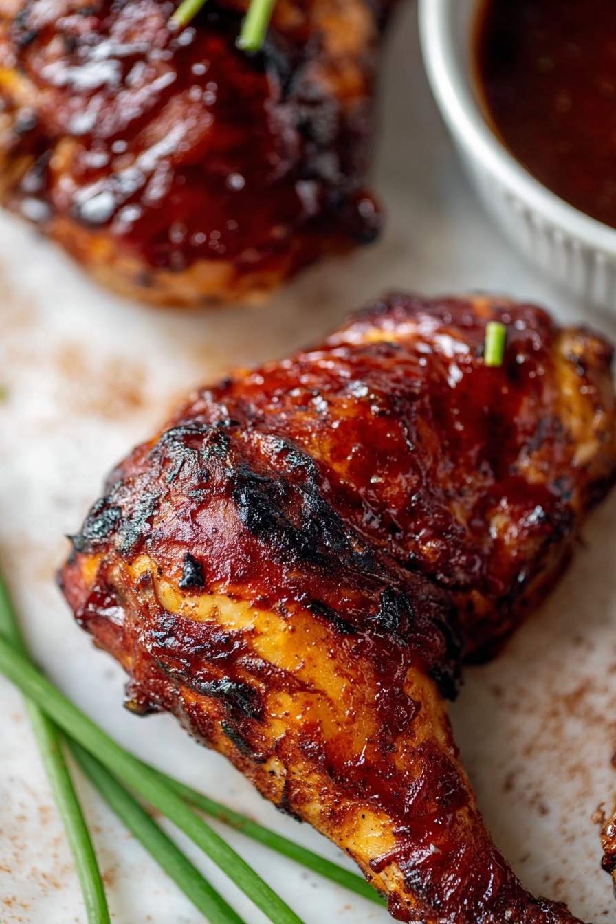 Grilled Cola BBQ Chicken, Cola BBQ Chicken, Easy BBQ Chicken, Juicy Grilled Chicken, Sweet and Tangy BBQ Chicken - A whole roasted chicken lies flat on its back on a light wooden board, showing a glossy dark reddish-brown crispy skin with some charred black edges, especially on the wings and legs. The chicken's surface is covered in a shiny sauce, giving it a sticky texture. To the left, there is an open glass jar filled with thick dark red sauce and a small bowl with brown spice powder. To the right, another small bowl holds the same dark red sauce, with a silver spoon resting nearby and some sauce dribbled on the board. Thin green herbs are scattered around the chicken and board. The scene is set on a white marbled surface. photo taken with an iphone --ar 2:3 --v 7