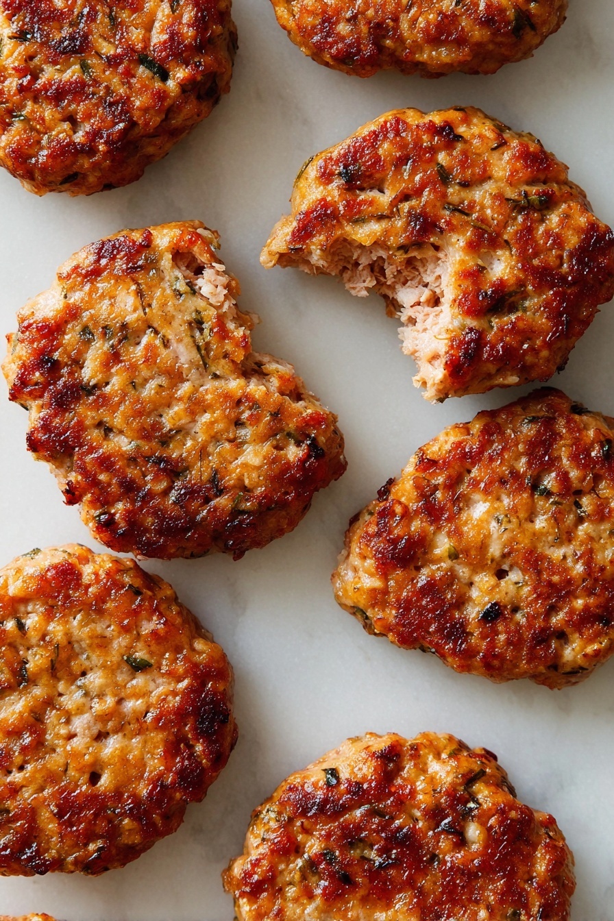 Air Fryer Turkey Breakfast Sausage, healthy turkey breakfast sausage, easy air fryer sausage recipe, quick breakfast sausage, low-fat turkey sausage - Several cooked sausage patties are spread out on a flat white marbled surface. Each patty is round and has a rough, uneven edge with a browned, slightly crispy texture on top. The patties show a mix of golden brown and reddish hues with small bits of herbs and spices visible within the meat. Light shines softly on the patties, highlighting their moist and textured surface. photo taken with an iphone --ar 2:3 --v 7