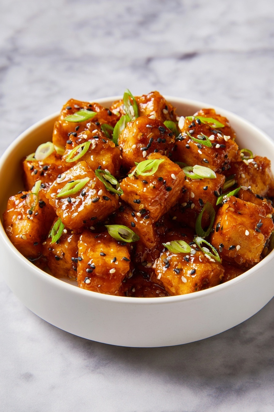 Crispy Air Fryer Tofu with Spicy Chili Mayonnaise, crispy tofu recipes,air fryer tofu ideas, spicy tofu sauce, healthy vegan tofu dishes - A white bowl filled with many small cubed pieces coated in a shiny, thick orange sauce. The cubes have a slightly crispy texture visible through the sauce. On top, there are thin slices of green onions scattered evenly as well as black and white sesame seeds sprinkled throughout. The bowl sits on a white marbled surface with soft natural light highlighting the glossy sauce and fresh garnishes. photo taken with an iphone --ar 2:3 --v 7
