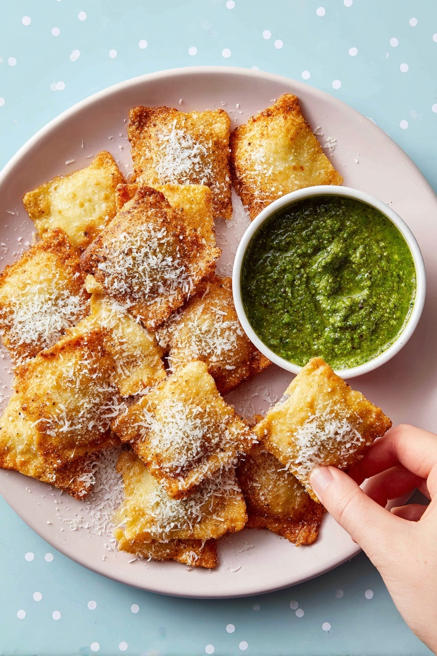 Air Fryer Ravioli, crispy ravioli appetizer, easy air fryer snacks, cheesy ravioli bites, quick ravioli recipes - A single golden-brown, crispy square piece of food sits on a pale blue plate with light pink polka dots, topped lightly with thin shreds of white cheese. Half of the square is covered with a thick, textured green sauce that looks fresh and slightly chunky. The food has a rough and crunchy appearance with some darker brown spots at the edges. The plate rests on a white marbled surface. photo taken with an iphone --ar 2:3 --v 7