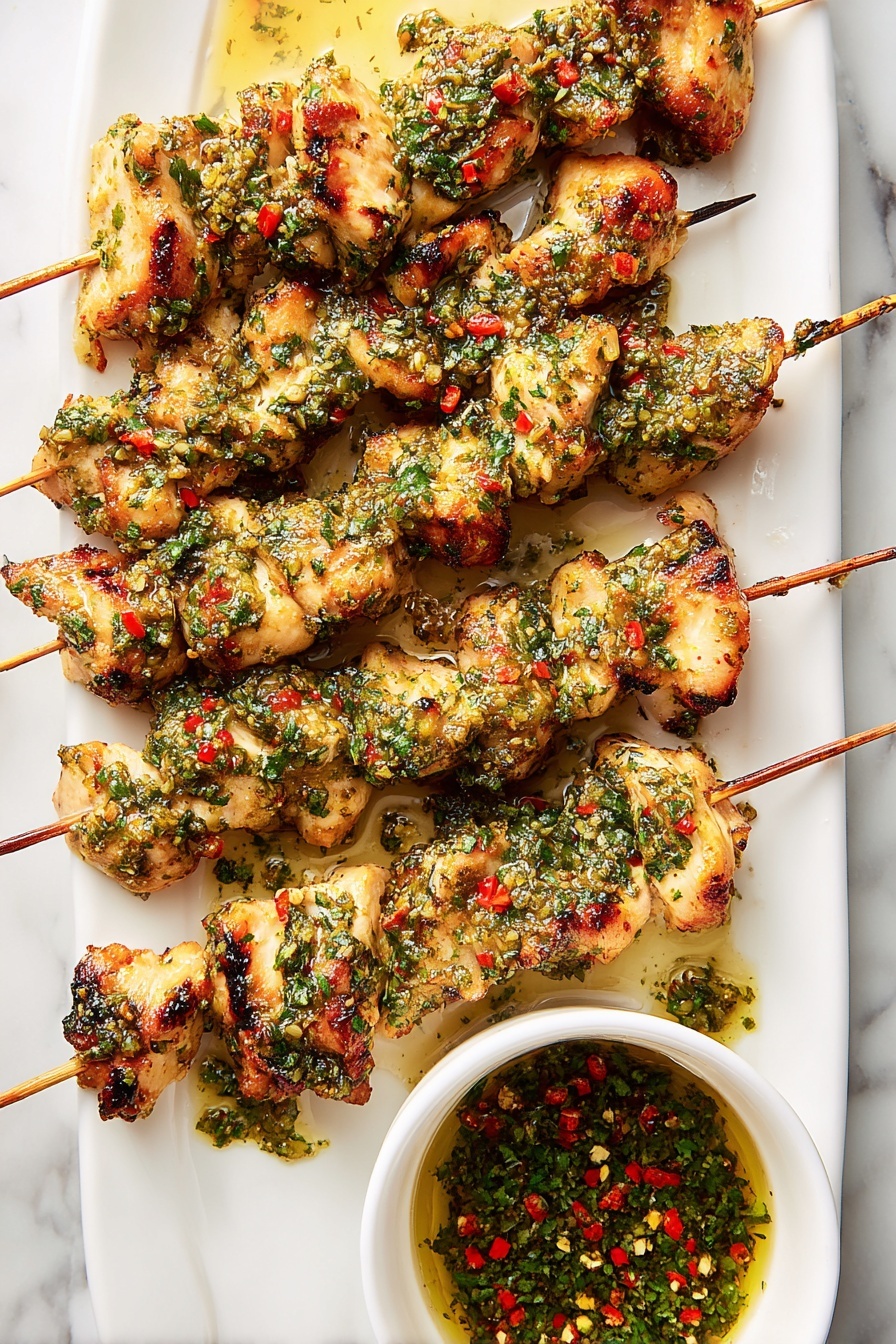 Air Fryer Garlic-Parmesan Chicken Skewers, Chicken Skewers with Garlic and Parmesan, Quick Air Fryer Chicken Dinner, Juicy Chicken Skewers, Easy Chicken Recipes - There are eight skewers of grilled chicken pieces on a white rectangular plate on a white marbled surface. Each skewer holds three to five pieces of golden-brown grilled chicken, sprinkled with chopped green herbs and red pepper flakes. The chicken looks juicy and has a slightly charred texture. Near the bottom right of the plate, there is a small white bowl filled with green herb sauce that matches the herbs on the chicken. One skewer is dipped partially into the sauce, showing the sauce coating the chicken pieces. Photo taken with an iphone --ar 2:3 --v 7