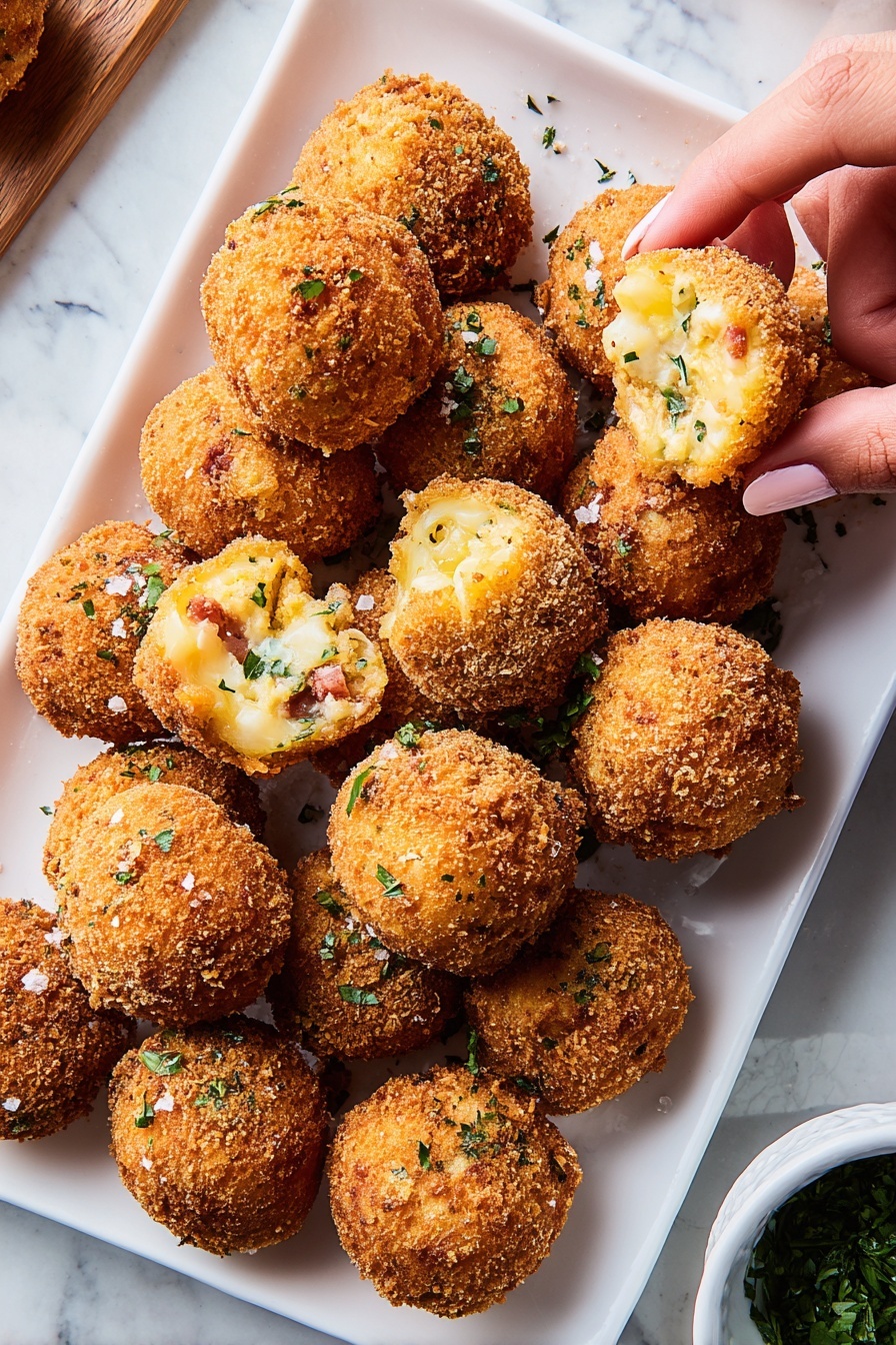 Fried Mashed Potato Balls with Bacon and Cheddar, mashed potato balls with bacon and cheddar, crispy bacon and cheddar potato bites, cheesy bacon mashed potato snacks, party appetizer with bacon and cheese - The image shows a pile of round, golden-brown fried balls with a crunchy texture on a white rectangular plate. The outer coating is crispy and crumbly, and the balls are sprinkled with small bits of green chives. Two of the balls are broken open in front, revealing a soft, creamy inside mixed with small pieces of bacon and more green chives. The plate sits on a wooden surface, with a clean white marbled background. photo taken with an iphone --ar 2:3 --v 7