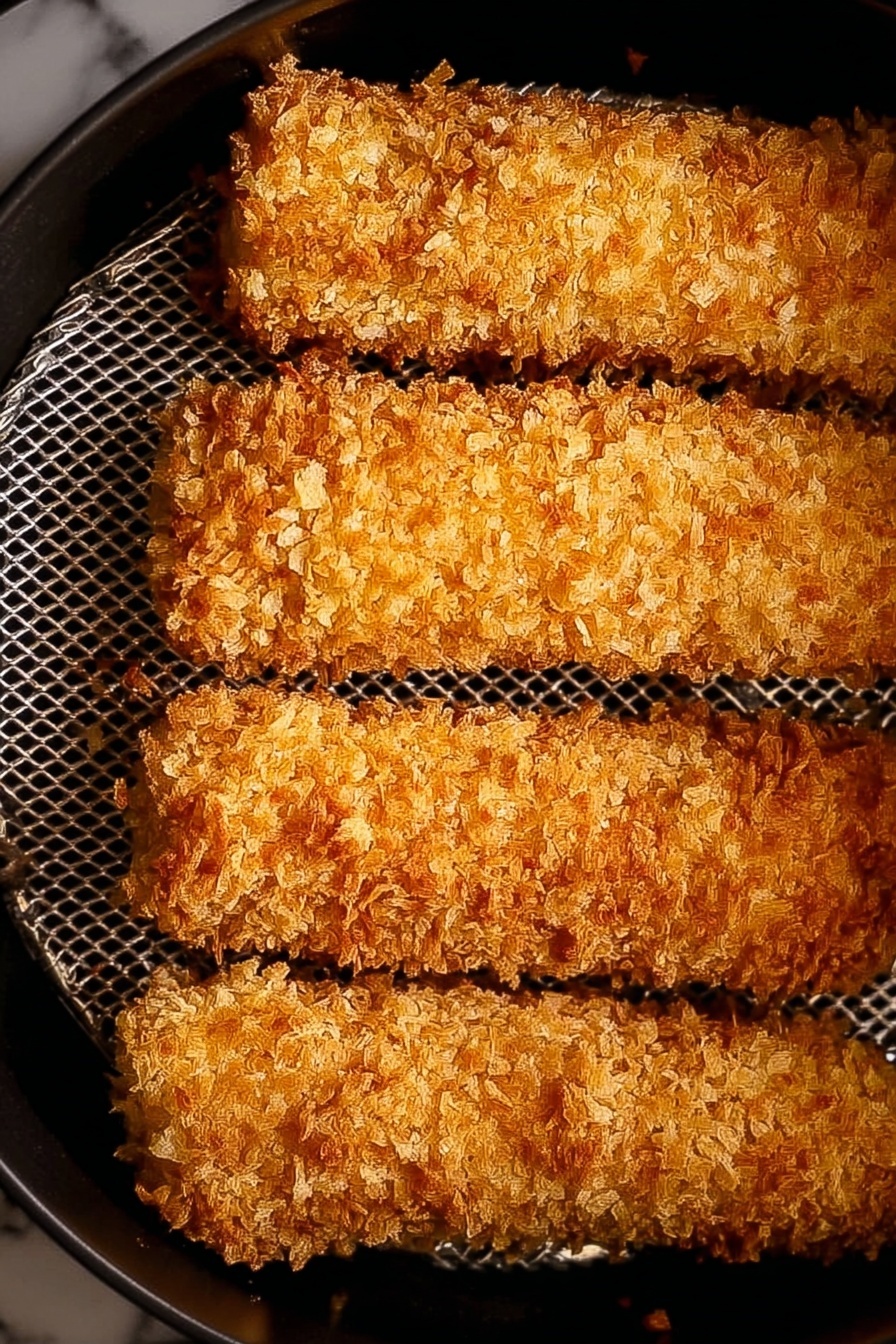 Crispy Air Fryer Cod with Old Bay Bread crumbs, air fryer fish recipes, easy fish dinner ideas, healthy seafood recipes, crunchy cod fillet recipe - The image shows a white plate with three large, crispy golden-brown fried fish fillets layered side by side on the right, each with a rough crunchy texture. To the back of the plate, there are many thin, golden fries piled up. On the left side of the plate, there is a small round clear glass bowl filled with creamy white tartar sauce topped with small chopped green pickles. The setting is on a white marbled surface. photo taken with an iphone --ar 2:3 --v 7
