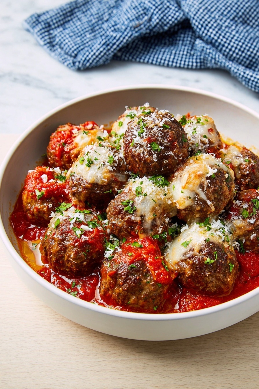 Air Fryer Meatballs with Mozzarella and Marinara, air fryer meatball recipe, cheesy meatballs in air fryer, juicy mozzarella stuffed meatballs, easy air fryer dinner - A white bowl filled with about twelve brown meatballs, some topped with melted light beige cheese, others covered with chunky red tomato sauce, all sprinkled with finely grated white cheese and chopped green herbs. The meatballs have a rough, textured surface, sitting closely together in the bowl on a white marbled surface, with a bit of the red sauce visible between them. In the background, there is a blue and white checkered cloth. Photo taken with an iphone --ar 2:3 --v 7