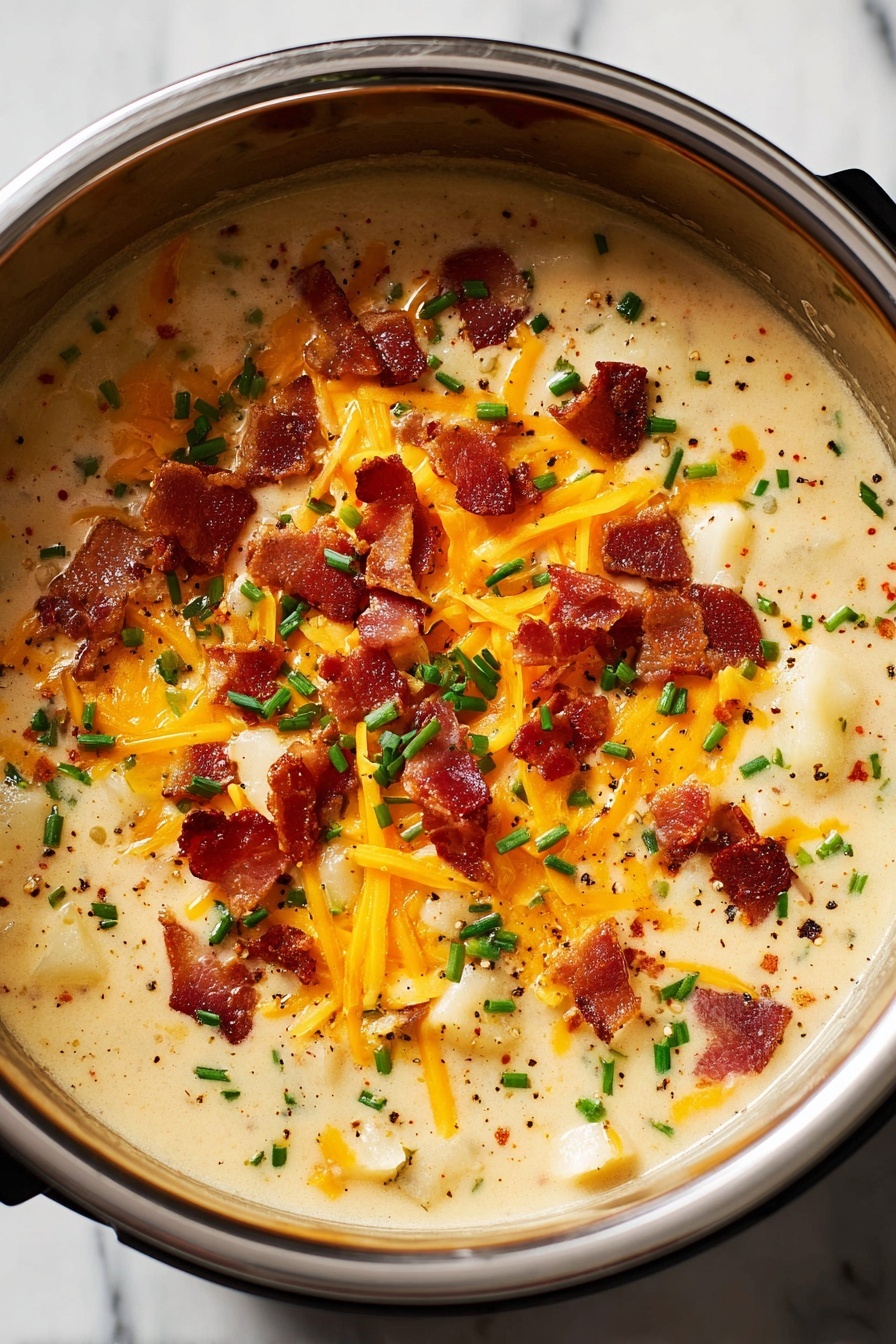 Instant Pot Potato Soup, easy potato soup recipe, creamy potato soup, hearty soup recipes, quick pressure cooker potato soup - A bowl filled with creamy light beige soup forms the base layer. On top, small dark red crisp bacon pieces are scattered in the center. Over the bacon, bright yellow shredded cheddar cheese is sprinkled evenly, with a dollop of smooth white sour cream sitting right in the middle. Bright green chopped chives are spread around the bacon and cheese, adding a fresh pop of color. The scene is set against a white marbled surface. photo taken with an iphone --ar 2:3 --v 7