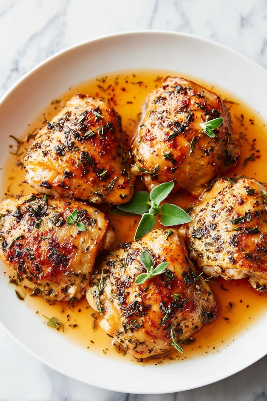 Instant Pot Chicken Thighs with Thyme and Garlic Gravy, easy chicken thigh dinner, crockpot chicken recipes, savory garlic thyme chicken, weeknight chicken dinner - A white plate holds six pieces of cooked chicken thighs with crispy, golden brown skin seasoned with herbs. The chicken pieces are arranged in a slightly overlapping circle with a rich, glossy orange-brown sauce being poured onto the center piece from a silver spoon held by a woman's hand above. Small sprigs of green herbs are scattered on the chicken and sauce. The plate sits on a green and white striped cloth over a white marbled surface. Photo taken with an iphone --ar 2:3 --v 7