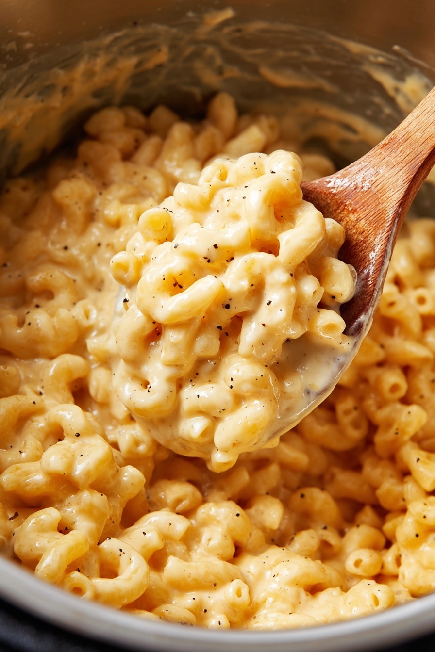 Instant Pot Mac and Cheese, easy Instant Pot cheesy pasta, quick pressure cooker mac and cheese, creamy Instant Pot macaroni, one-pot Instant Pot pasta - A close-up view of creamy macaroni and cheese with elbow pasta fully covered in thick, smooth cheese sauce that is a warm orange-yellow color. Thin strands of melted cheese stretch between the pasta pieces, showing the gooey texture. The cheese coats every curve of the pasta, adding a shiny and soft look to the dish. photo taken with an iphone --ar 2:3 --v 7