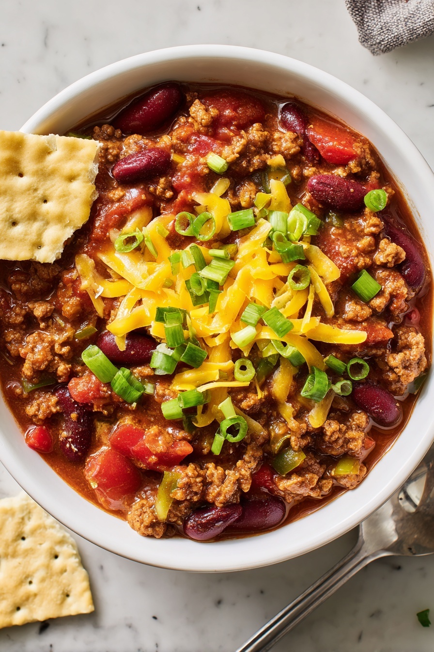 Instant Pot Chili, easy beef chili, quick chili recipe, hearty comfort food, one-pot chili - A white bowl filled with chili showing three layers: a base of chunky ground meat and red kidney beans mixed with diced red tomatoes and sauce, a middle layer of melted yellow shredded cheese scattered unevenly, and a top layer of fresh green chopped scallions sprinkled all over. To the left, a white cracker holds some chili with melted cheese stretching in between. The bowl sits on a white marbled surface with a metal spoon nearby at the bottom right. Photo taken with an iphone --ar 2:3 --v 7