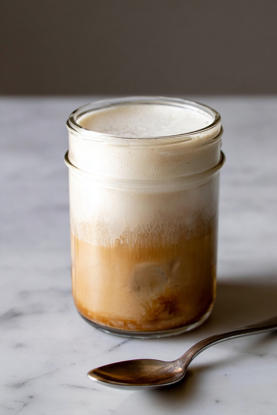 Iced High Protein Coffee, healthy iced coffee, protein coffee recipe, energizing coffee drinks, quick protein coffee - A clear glass jar holds a two-layered drink set on a white marbled surface. The bottom layer is a medium brown liquid, thick and smooth, occupying about half the jar. The top layer is a thick, creamy white foam that fills the remaining half of the jar and has a slightly bubbly texture on the surface. To the right of the jar lies a silver spoon, reflecting light softly on the white marbled background. Photo taken with an iphone --ar 2:3 --v 7