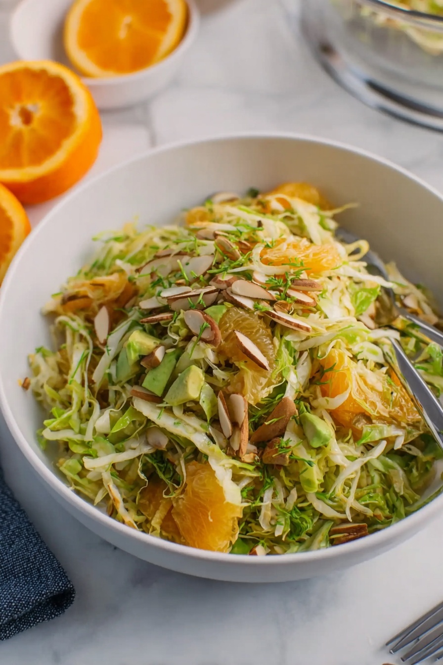 Orange Sesame Chicken Salad, healthy chicken salad with oranges, citrus chicken salad, quick chicken salad recipe, flavorful fruit and chicken salad - A white bowl filled with a colorful salad made of thin, shredded green cabbage mixed with bright orange pieces of fruit, small green avocado chunks, and light brown toasted almond slices scattered on top. The salad has a fresh, crisp texture with visible small seeds and slivers of green herbs throughout. The bowl is placed on a white marbled surface with a silver fork next to it and a partially visible glass bowl and orange halves in the background. photo taken with an iphone --ar 2:3 --v 7