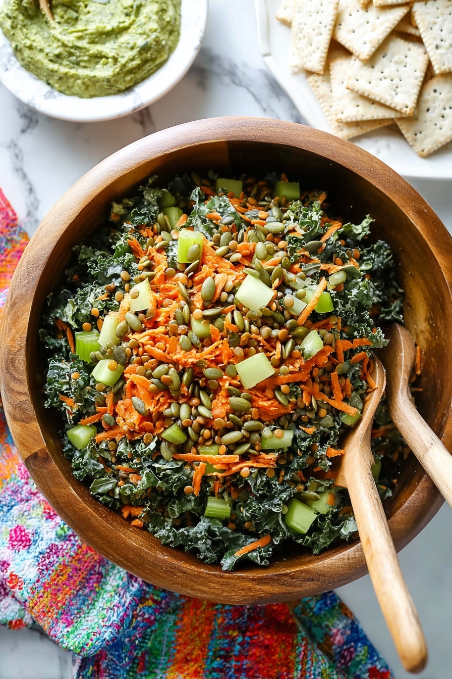 Moroccan Lentil Carrot Salad, vegan lentil and carrot salad, Moroccan spiced vegan salad, healthy vegan Moroccan salad, quick vegan lentil salad - A wooden bowl filled with a mixed salad showing three visible layers: the base is dark green kale leaves with a slightly curly texture, the middle layer is light green celery slices, and the top layer is bright orange shredded carrots mixed with green pumpkin seeds and small brown lentils scattered throughout, with two wooden salad spoons resting inside the bowl. The bowl is placed on a white marbled surface with a colorful striped cloth partially beneath it, and in the background there are white crackers arranged in a fan shape on a white plate beside a small heap of green dip on another white plate. Photo taken with an iphone --ar 2:3 --v 7