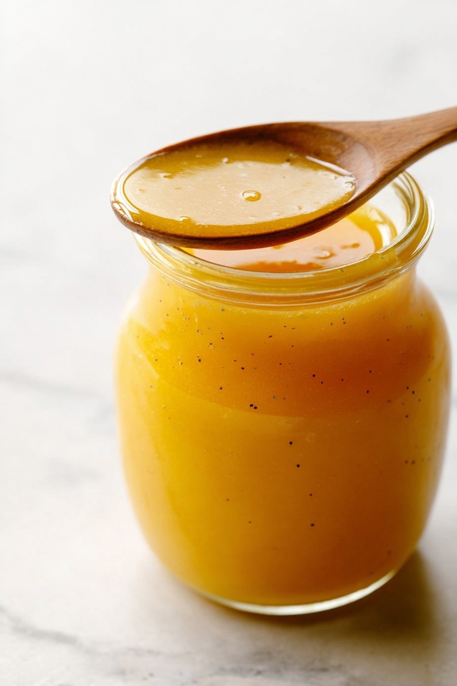 Colombian Pineapple Sauce, tropical fruit sauce, pineapple glaze, homemade pineapple sauce, Colombian cuisine - The image shows a clear glass jar filled to the top with smooth, shiny orange-yellow sauce that has small dark specks spread evenly inside. On top of the jar, a wooden spoon rests, also coated with the same thick sauce, showing its smooth surface with tiny bubbles reflecting light. The background features a white marbled texture that contrasts softly with the warm color of the sauce inside the jar, giving the scene a clean and fresh look. photo taken with an iphone --ar 2:3 --v 7