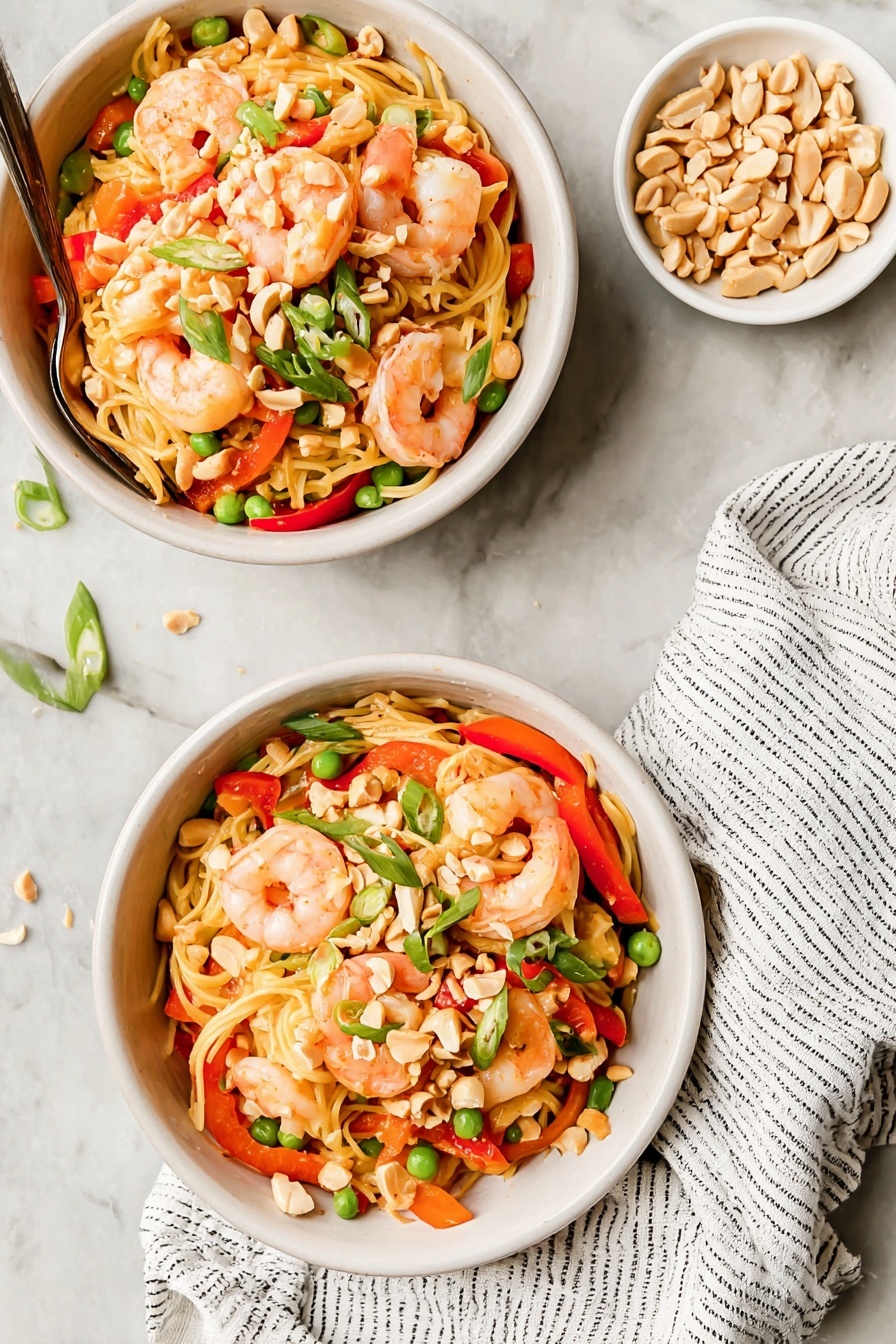 Thai Peanut Sauce Noodles with Shrimp, spicy peanut noodle dish, quick Thai shrimp noodles, healthy Asian noodle recipe, savory shrimp noodle bowl - Two white bowls sit on a white marbled surface, each filled with a vibrant shrimp noodle dish. The bottom layer consists of light yellow noodles mixed with thin slices of red bell peppers and orange carrots. On top of the noodles, there are plump pink shrimp scattered throughout. The dish is garnished with green peas and chopped green onions, adding fresh green pops of color. Light brown chopped peanuts are sprinkled over the bowls, giving a crunchy texture. To the top right of the bowls, there is a small white bowl filled with more chopped peanuts. A white cloth with black stripes is placed beneath the bowls on the left side. photo taken with an iphone --ar 2:3 --v 7