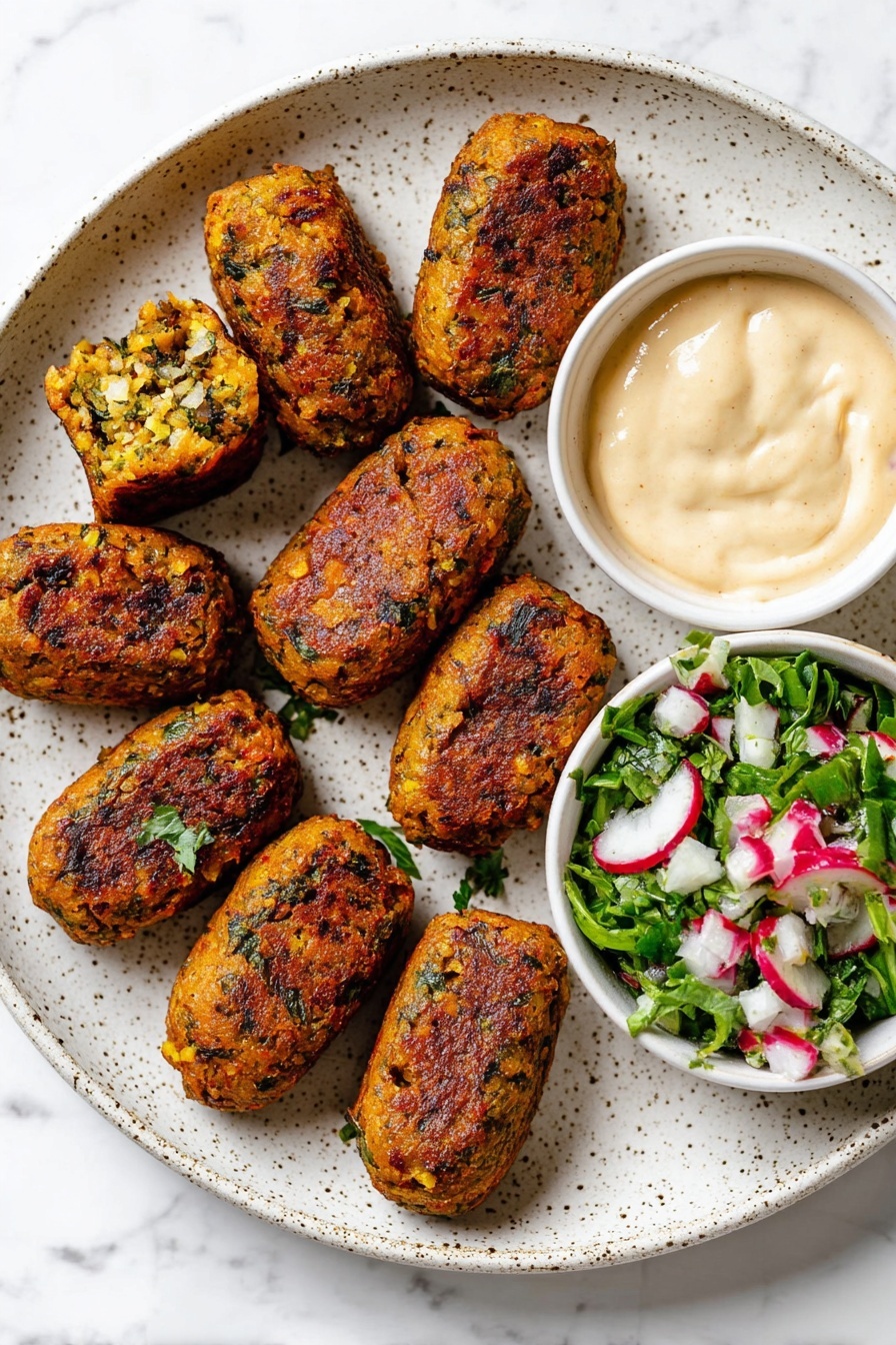 Middle Eastern Tofu Kebabs, Middle Eastern tofu skewers, vegetarian Middle Eastern dishes, flavorful tofu kebabs, quick Middle Eastern recipes - The image shows a white speckled plate with nine golden-brown, oval-shaped falafel pieces arranged in a circle around two small white bowls on the right side; the top bowl holds a colorful salad made of chopped green herbs, white radish with red edges, and bits of red onion, while the bottom bowl contains a creamy, pale beige sauce with a smooth texture. The falafel pieces have a crispy, uneven surface with visible green herb bits and dark brown spots. The plate is placed on a white marbled surface. Photo taken with an iphone --ar 2:3 --v 7