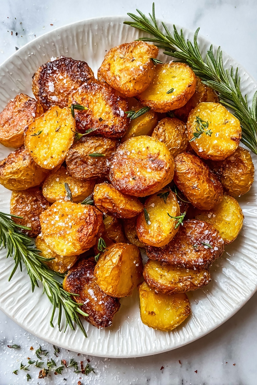 Crispy Roast Potatoes with Rosemary and Garlic, crispy roast potatoes, Whole30 roasted potatoes, rosemary garlic potatoes, healthy roasted potato side dish - A white ridged plate holds one layer of golden roasted potato pieces, each showing a crispy, browned skin with a soft yellow inner part. The potatoes are sprinkled with coarse sea salt and flecks of green herbs, adding texture and color. On top of the potatoes, fresh green rosemary sprigs lie, providing a contrast in color and shape. The plate is set on a white marbled surface with some scattered salt grains around it. photo taken with an iphone --ar 2:3 --v 7