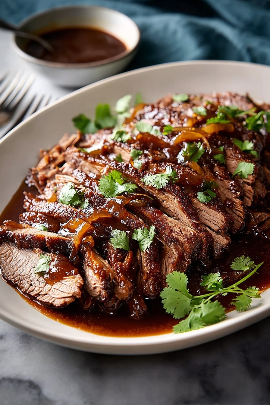Sweet & Savory Caramelized Pulled Beef Brisket, caramelized pulled beef, tender brisket recipes, flavorful beef dishes, slow cooker beef recipes - A white plate holds many slices of brown roasted meat arranged in layers, each slice showing visible texture and shine from a thick dark brown sauce spread over them. Small green leaves of cilantro are scattered on top, adding a bright touch of color. The plate sits on a white marbled surface, and in the background, a small bowl of extra dark brown sauce and a fork can be seen, slightly out of focus. photo taken with an iphone --ar 2:3 --v 7