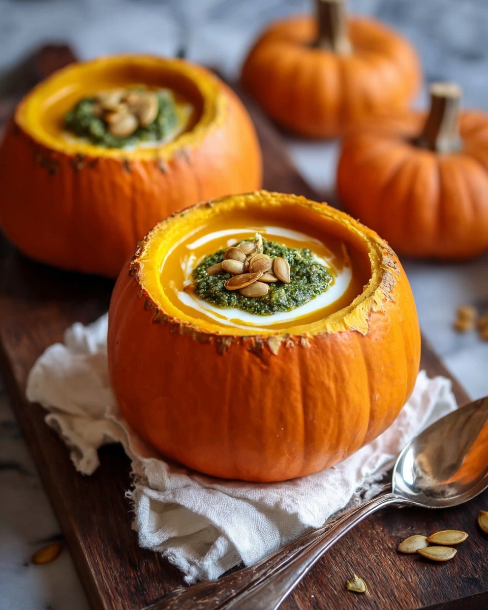 Roasted Garlic Sage Pesto Pumpkin Soup with Spicy Fried Pumpkin Seeds Recipe - Recipe Image