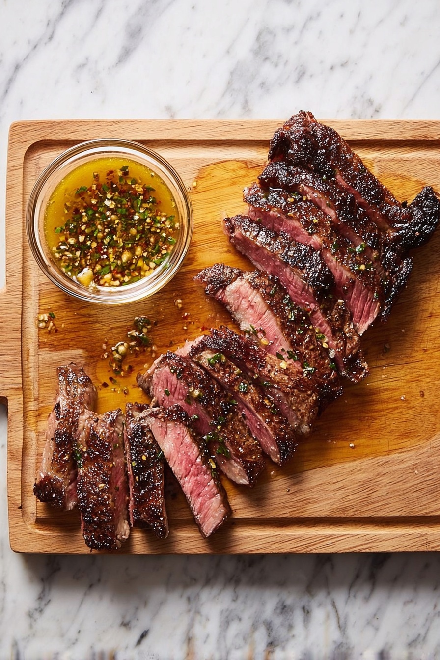 Grilled Short Ribs with Asian Pear Marinade, Asian pear ribs recipe, grilled short ribs, Asian marinade for ribs, tender short ribs on the grill - A wooden cutting board with a long, thin steak sitting on it, sliced into about eight thick pieces showing a pink and juicy middle with a dark brown, slightly charred crust. To the left side of the steak, there is a small clear glass bowl filled with a golden-yellow sauce mixed with herbs and small bits. The surface under the cutting board is a white marbled texture. Photo taken with an iphone --ar 2:3 --v 7